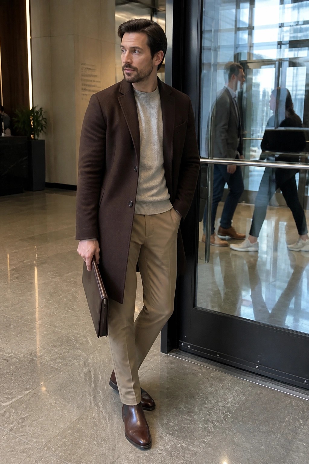 Man in brown overcoat and beige sweater holding leather portfolio near glass doors