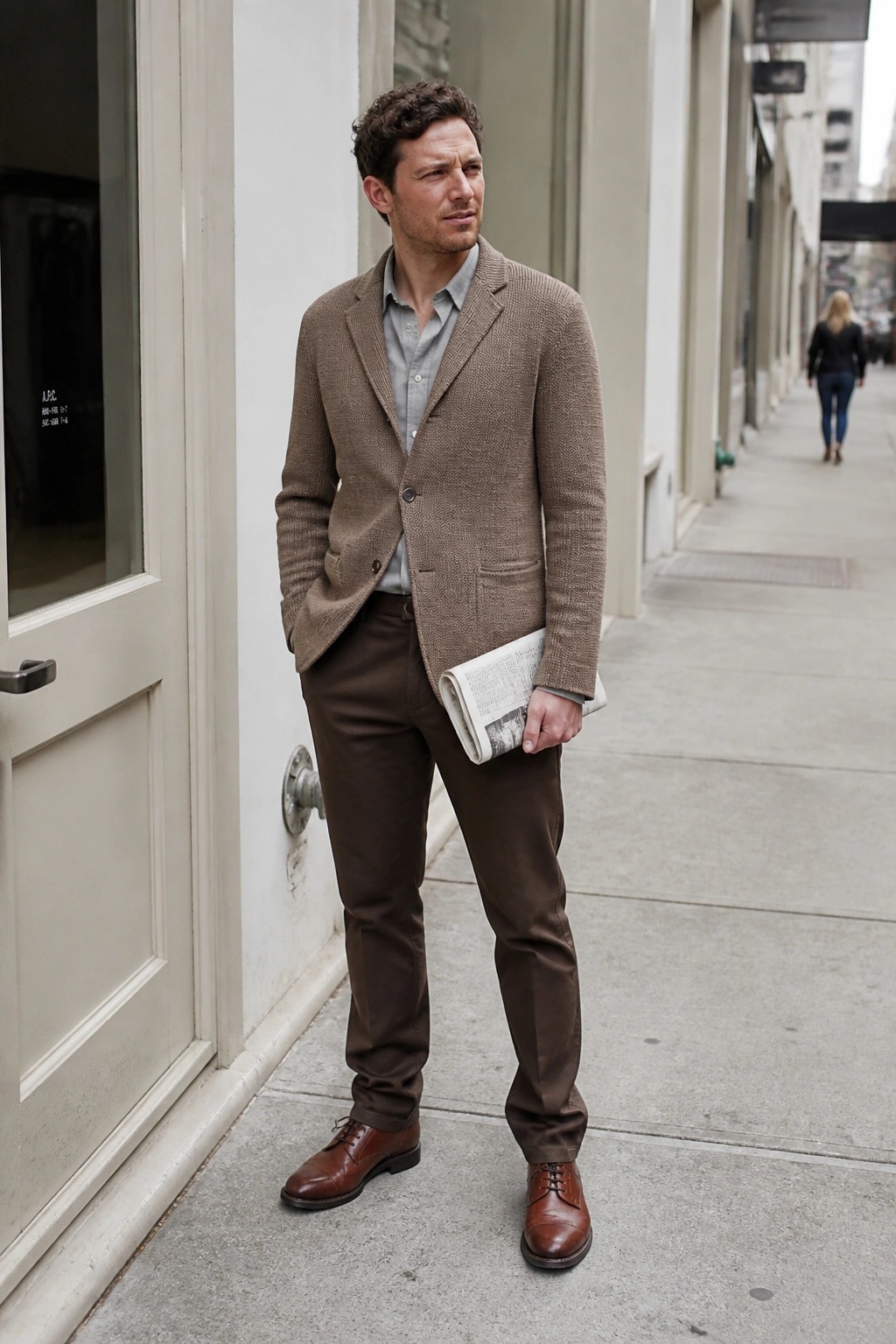 Man in brown textured blazer holding newspaper on urban sidewalk.