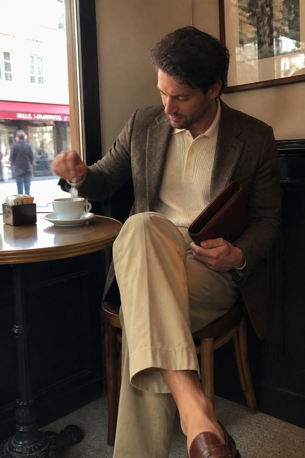 Man in tweed blazer stirring coffee at cafe table with leather portfolio.