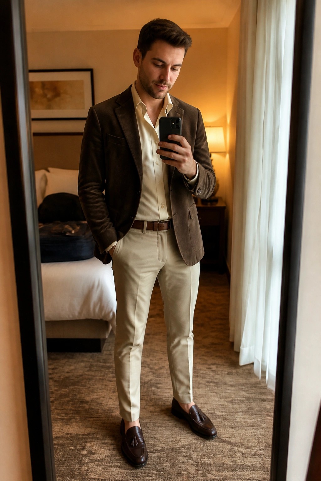 Man in brown blazer and beige pants viewing phone in hotel room mirror