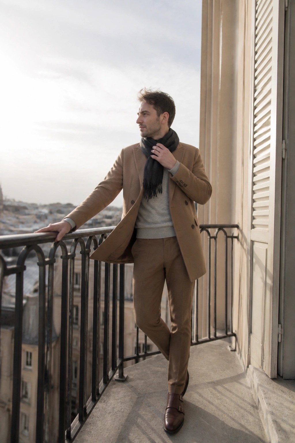 Man in tan suit and scarf on Parisian balcony overlooking city rooftops.