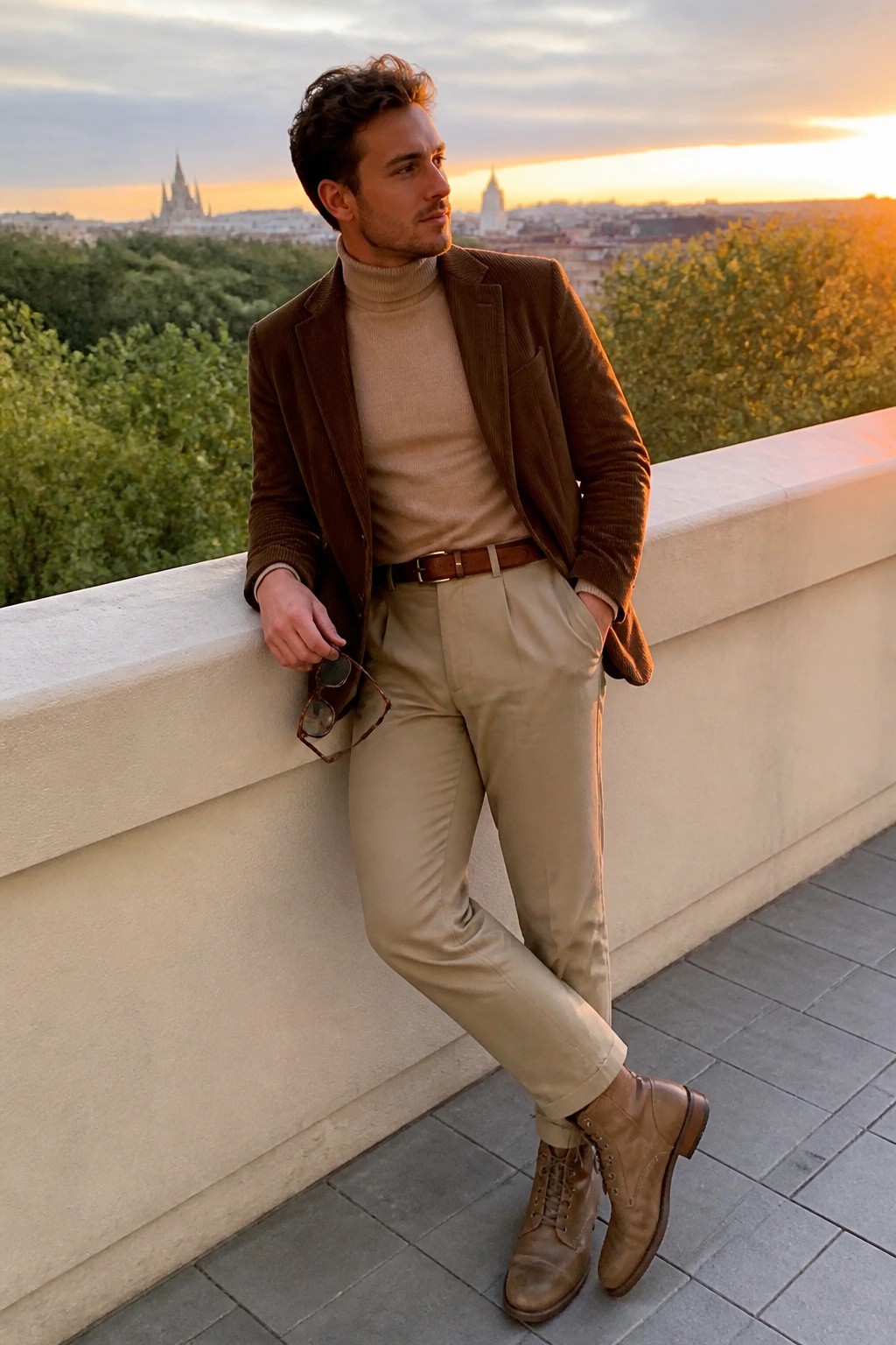 Man in brown corduroy blazer over beige turtleneck leans on balcony at sunset