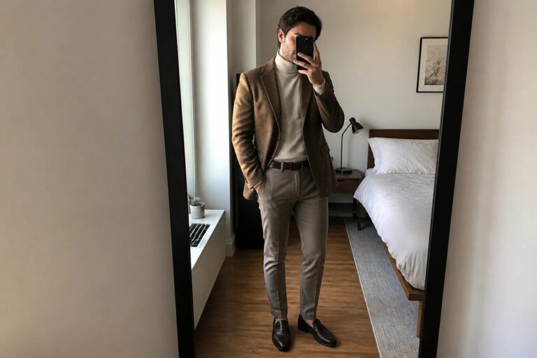 22 Elegant Brown and Neutral Men’s Fall Semi Formal Outfits Man in brown blazer over cream turtleneck with gray trousers in bedroom mirror