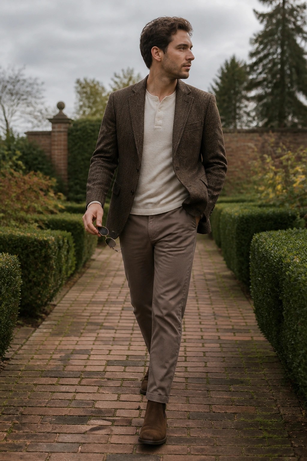 Man in brown herringbone blazer and beige Henley on brick garden path