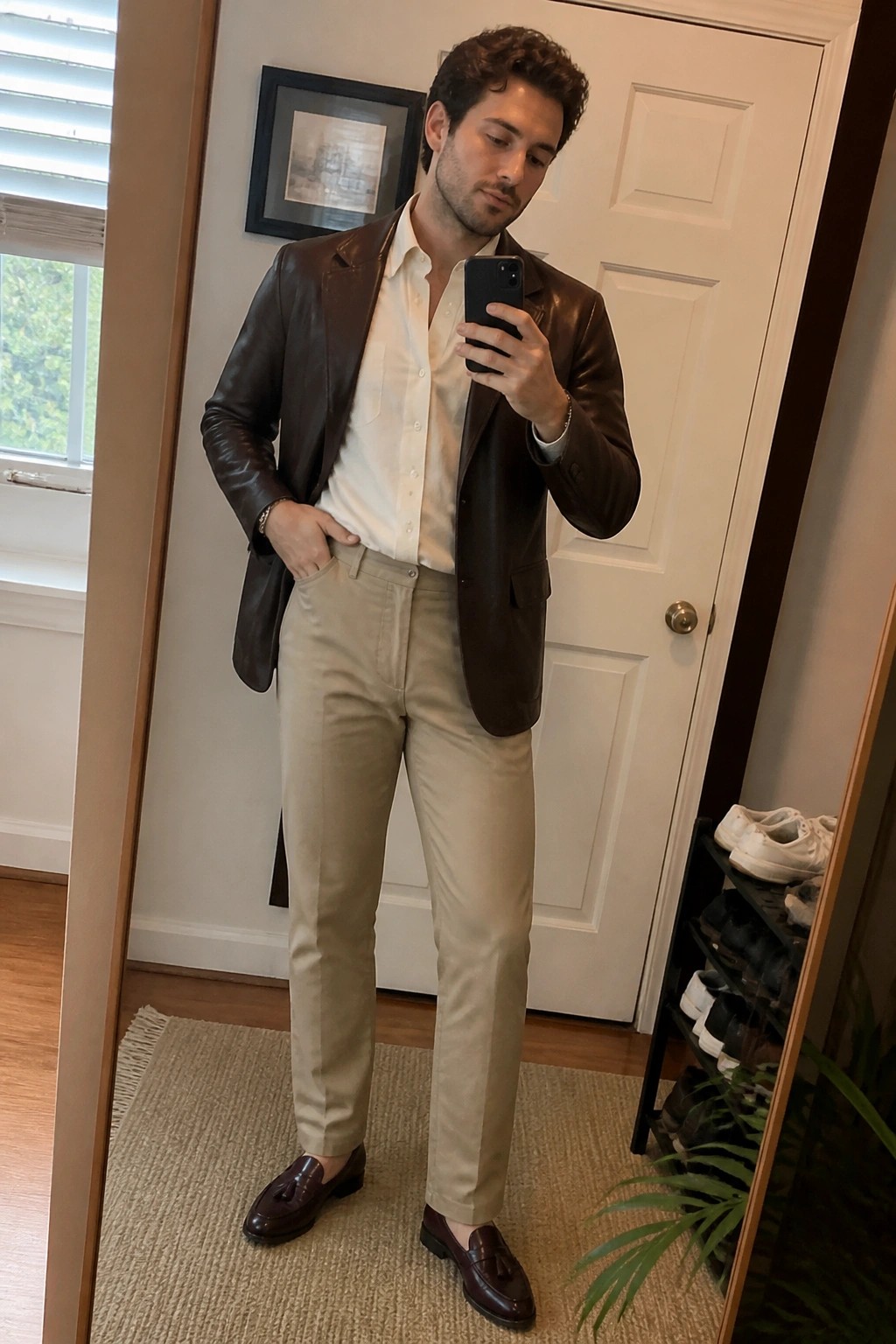 Man wearing brown leather blazer over white button down shirt with beige trousers and brown tassel loafers in mirror selfie.