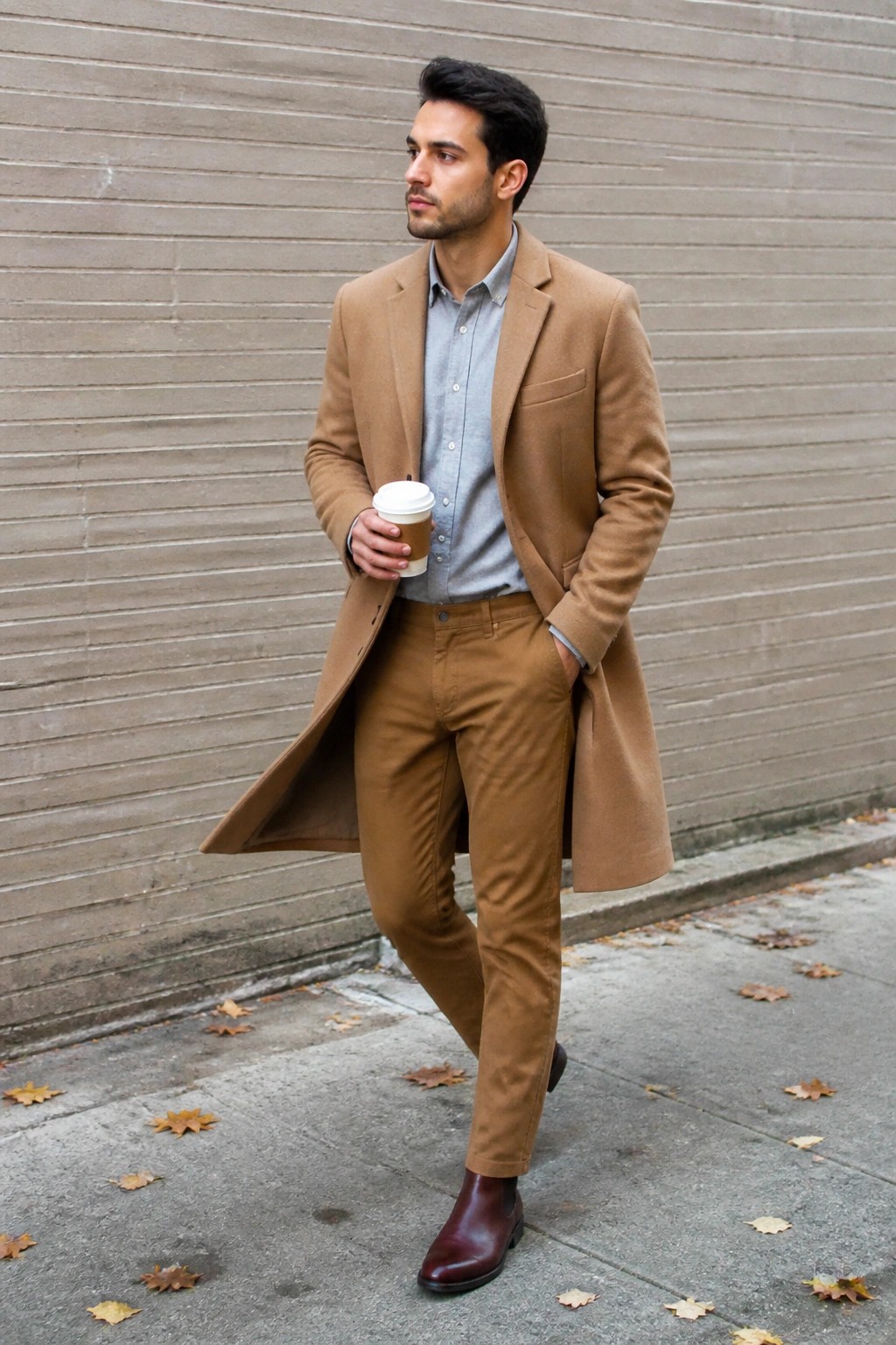 Man wearing a long brown overcoat over a light blue button down shirt with matching brown trousers and maroon boots while holding a coffee cup outdoors.