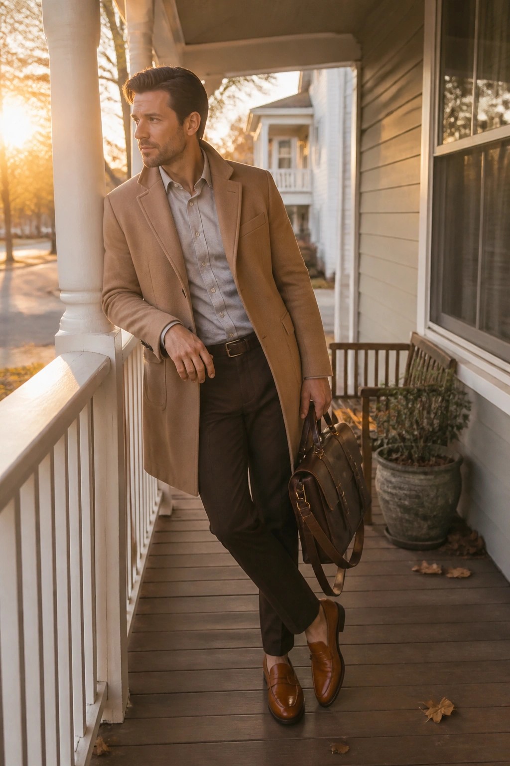 Man in tan overcoat holding leather briefcase on wooden porch at sunset