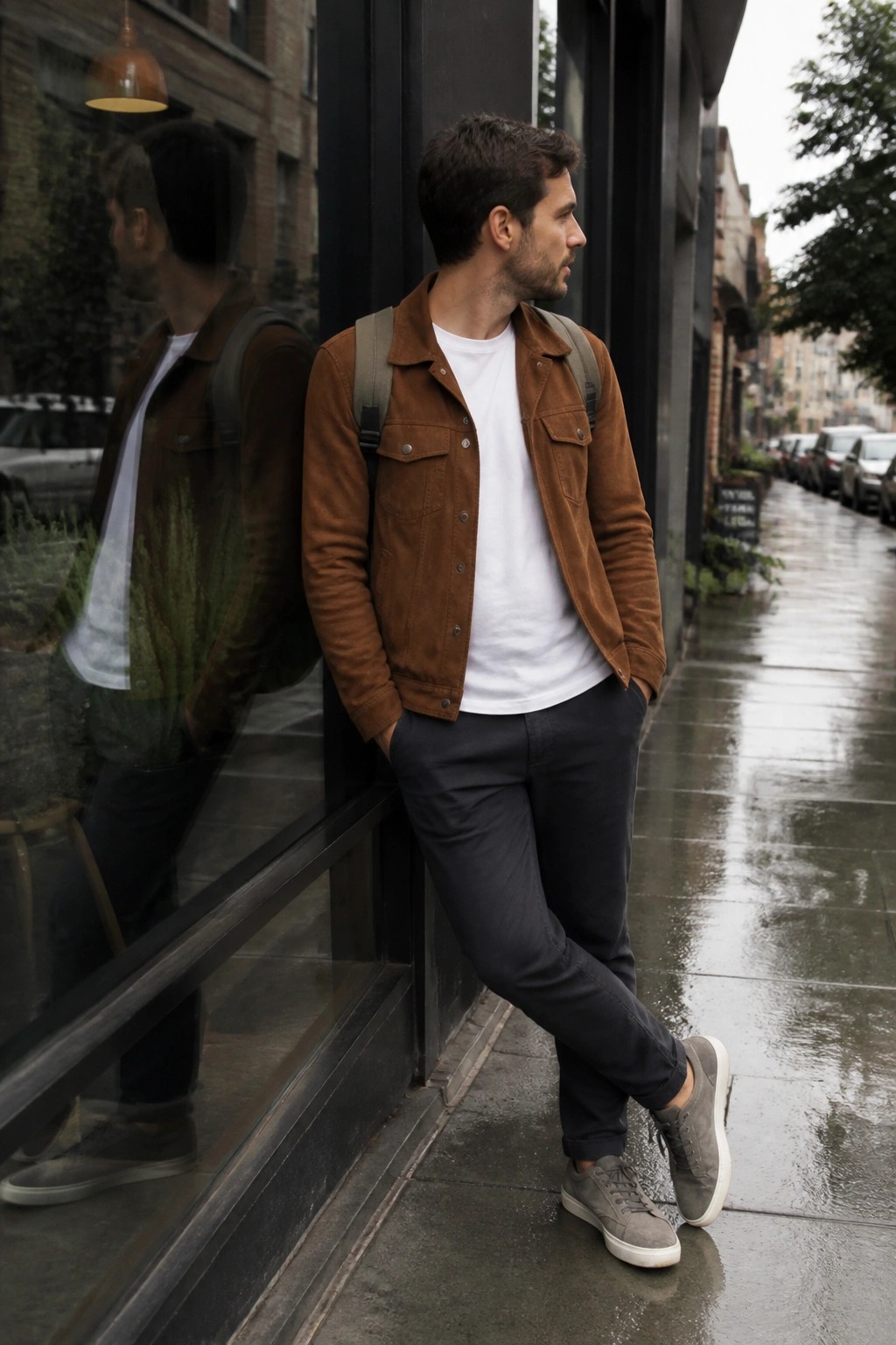 A man wearing a brown suede jacket over a white t-shirt with dark pants and gray sneakers, standing on a wet sidewalk with a backpack.