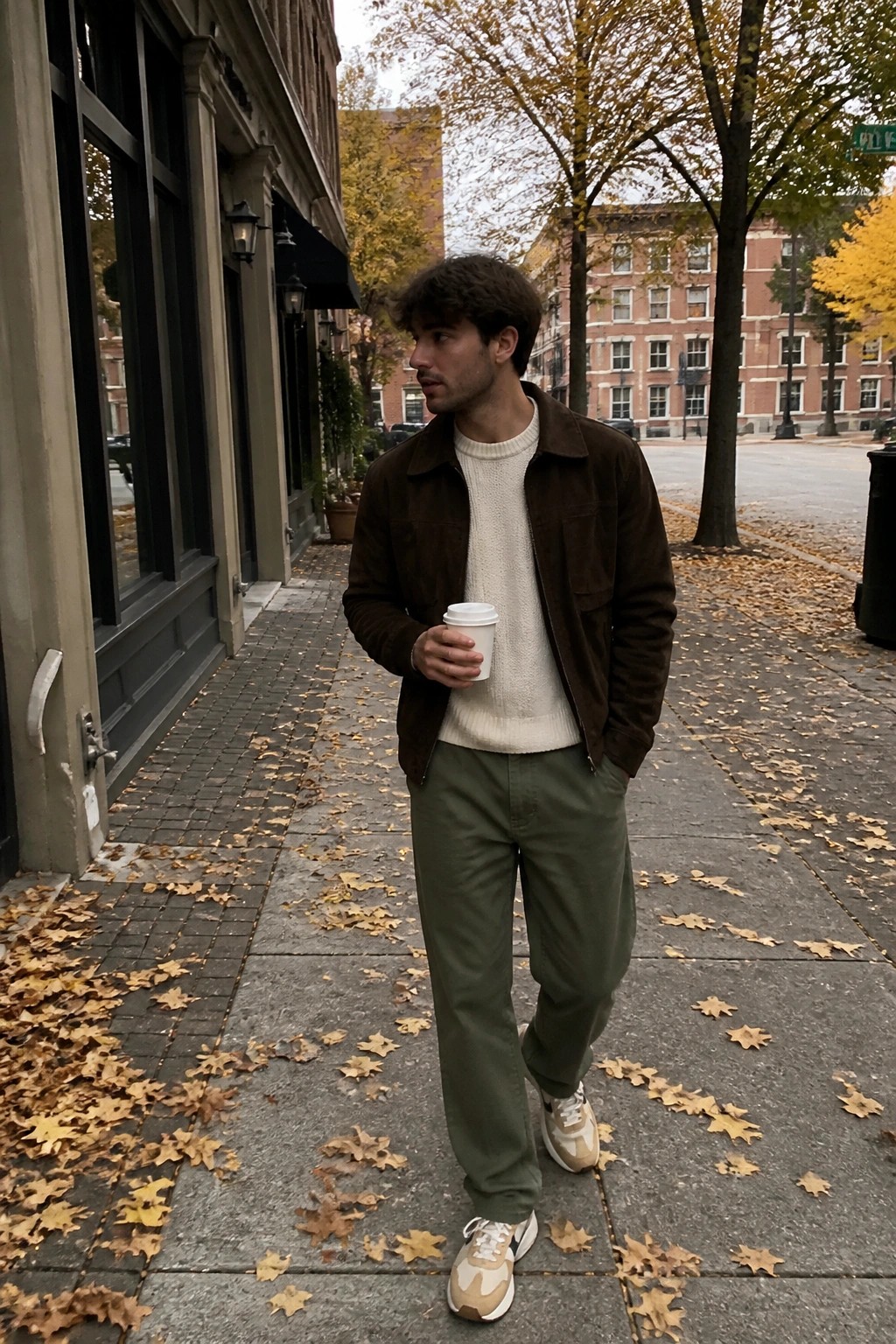 Man in brown jacket and cream sweater walks autumn sidewalk holding coffee cup