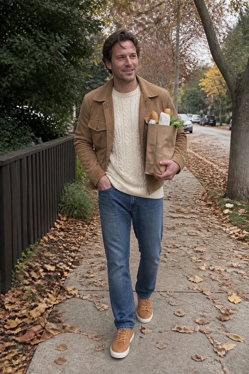Man in brown jacket and cream sweater carrying grocery bag on autumn sidewalk