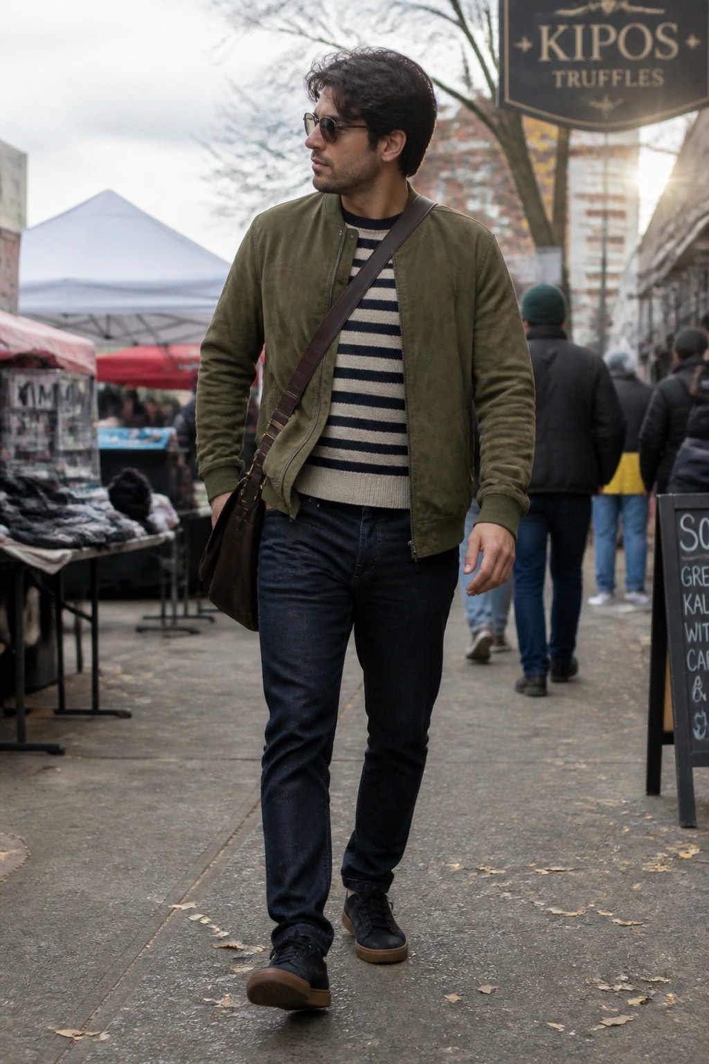 Man in green jacket and striped sweater walks through outdoor market with leather bag