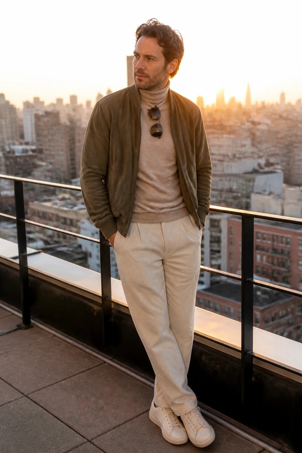 Man in olive bomber jacket and corduroy pants on city rooftop at sunset
