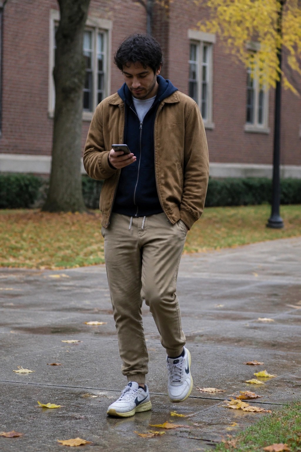 Young man in brown jacket and beige pants checks phone on autumn campus path.