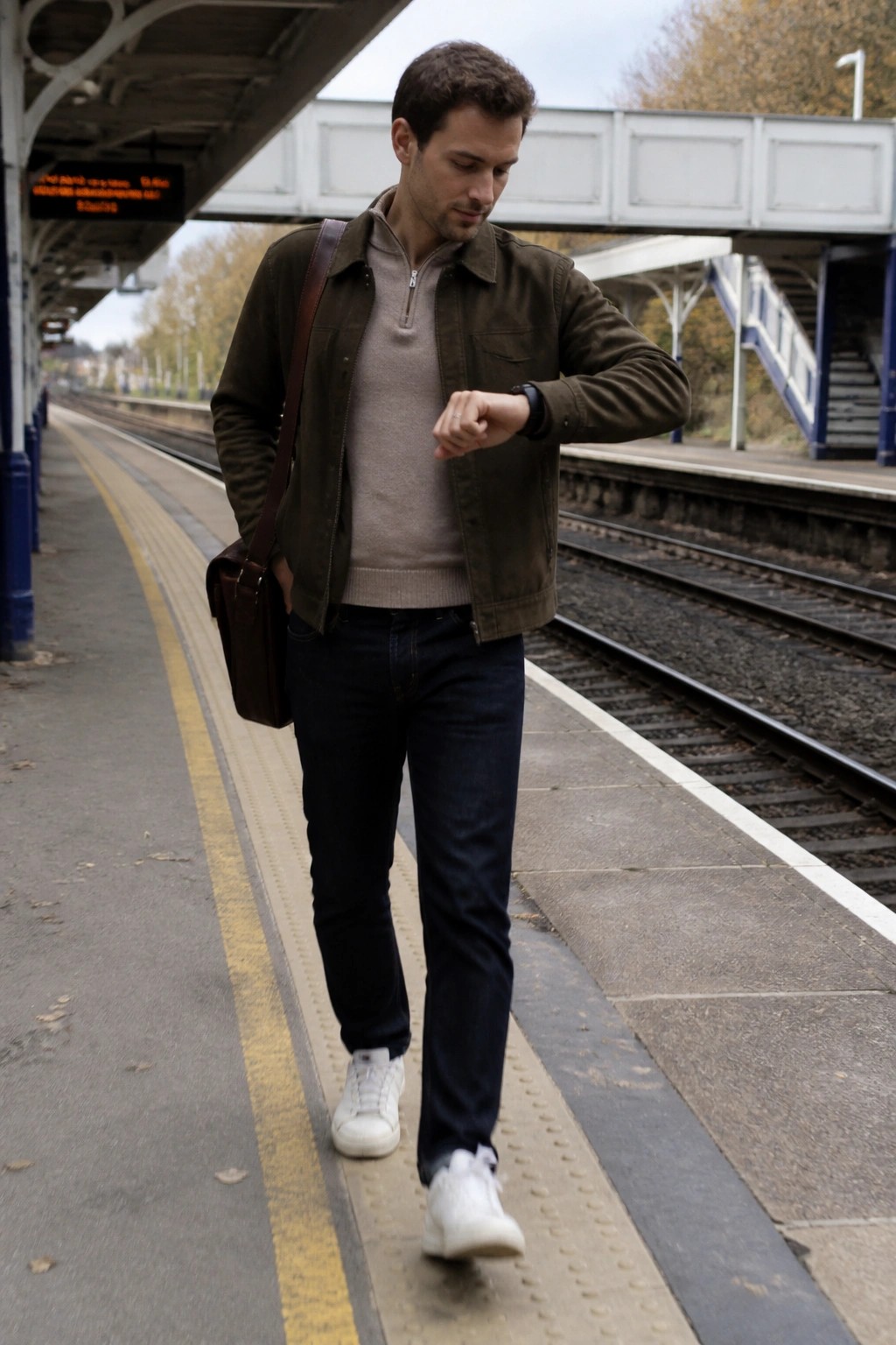 Man in green jacket over beige sweater checks watch on train platform