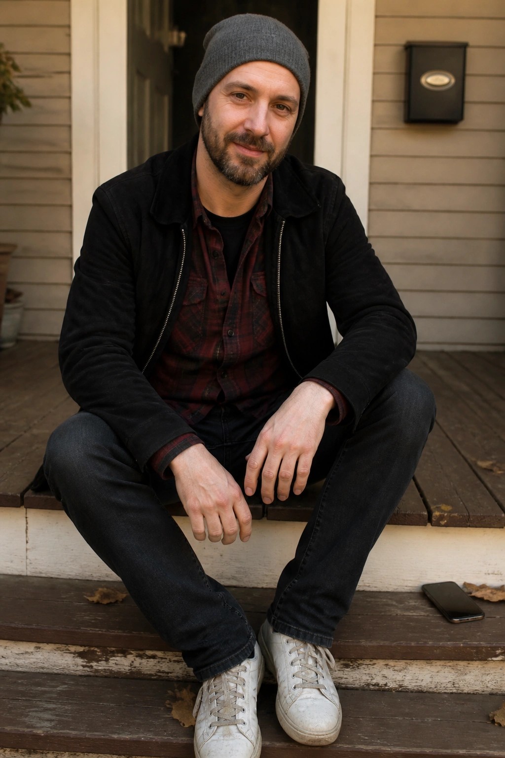 Man seated on wooden steps wearing a gray beanie, black suede zip jacket over red and black plaid shirt, dark jeans, and white casual sneakers.