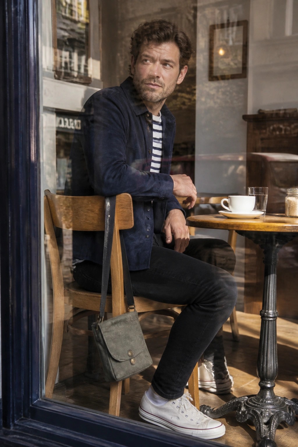 Man in denim jacket with crossbody bag seated at sunny cafe table by window.