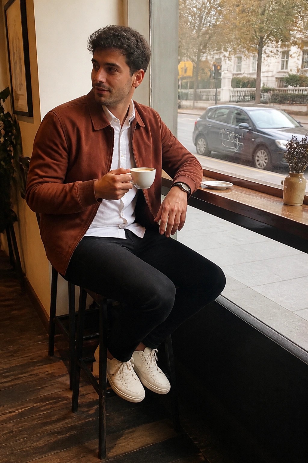 Man in brown suede jacket holds white coffee cup by cafe window.
