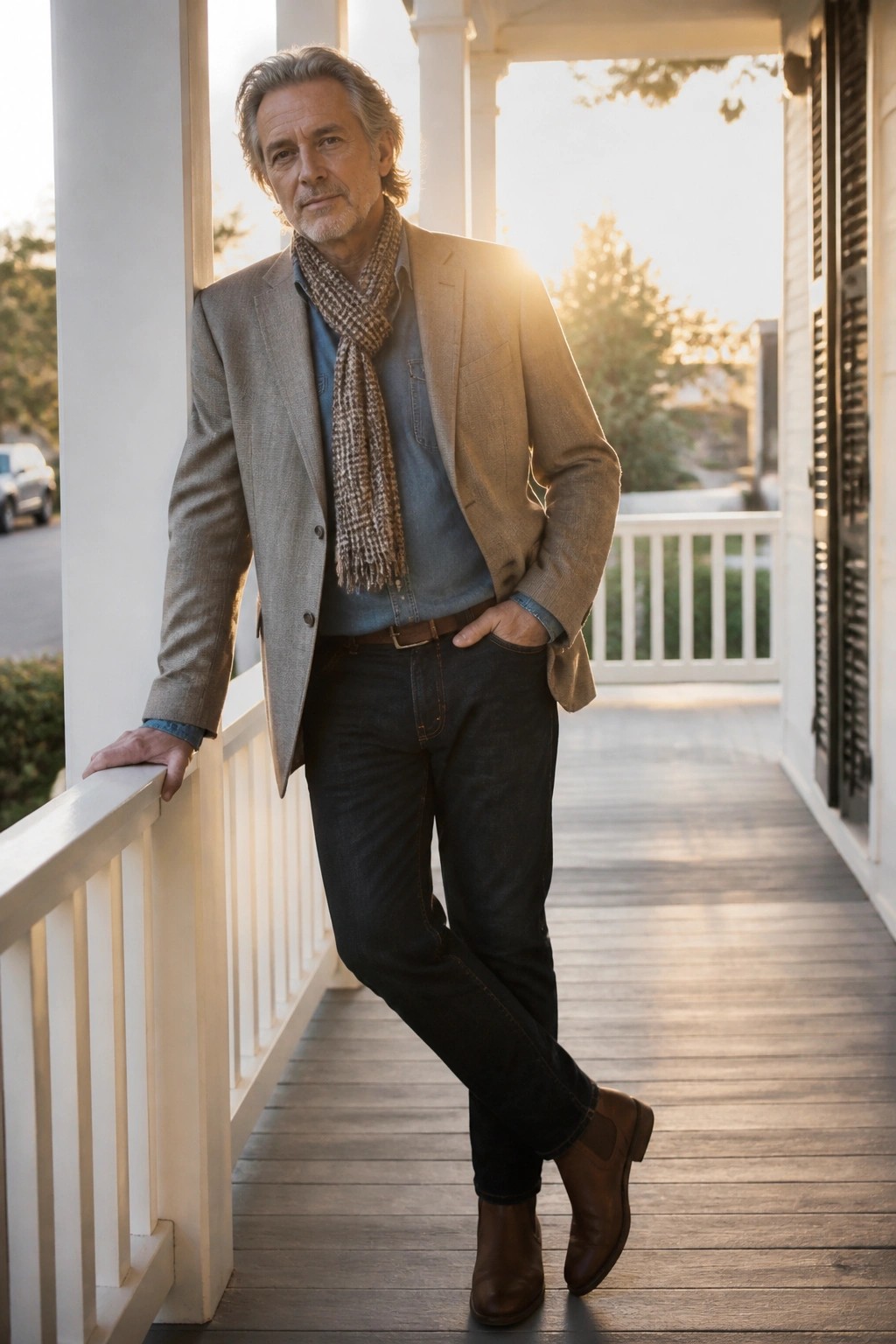 Gray-haired man in blazer and scarf leans on sunny porch railing