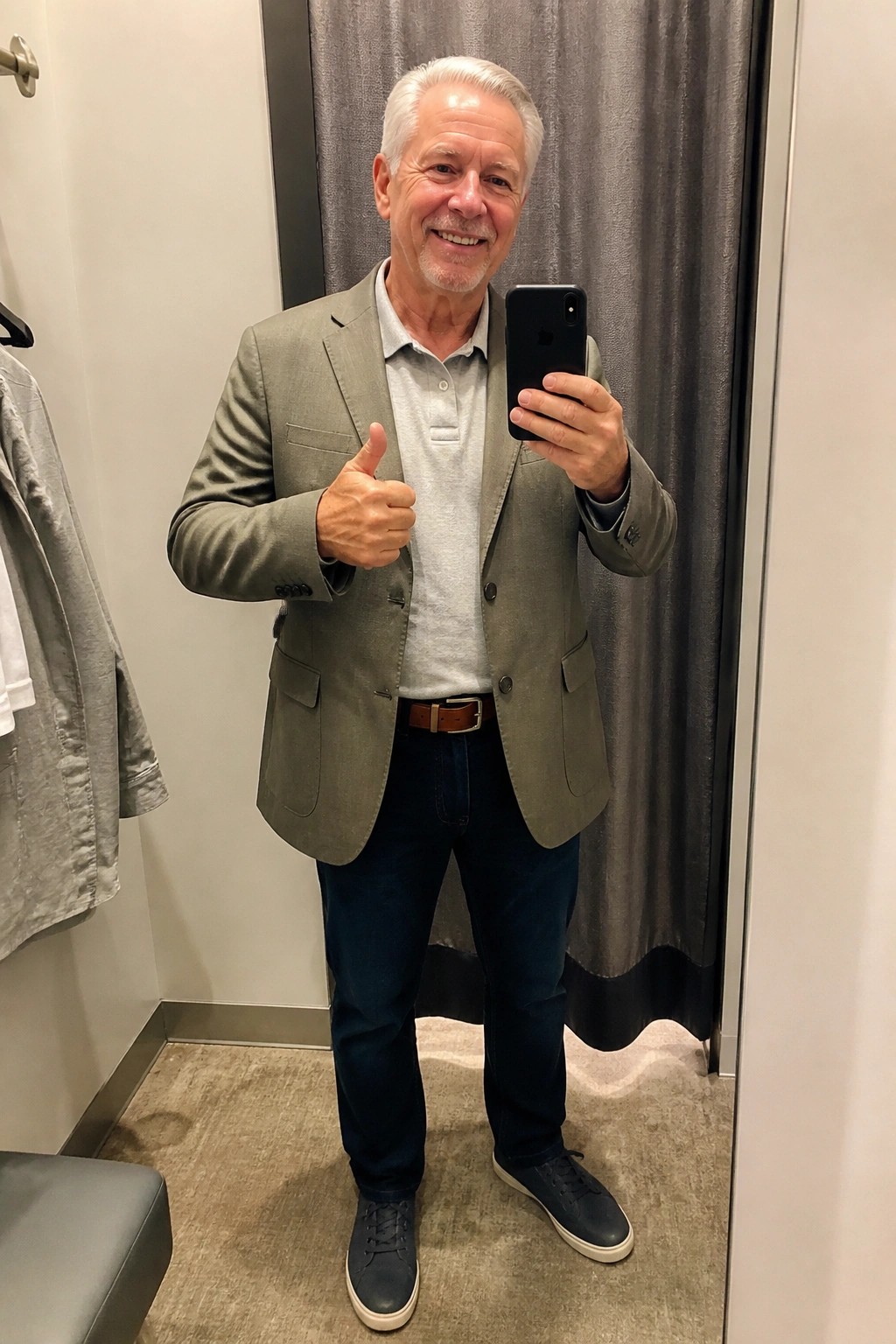 White-haired man in green blazer smiles and thumbs up during fitting room mirror selfie