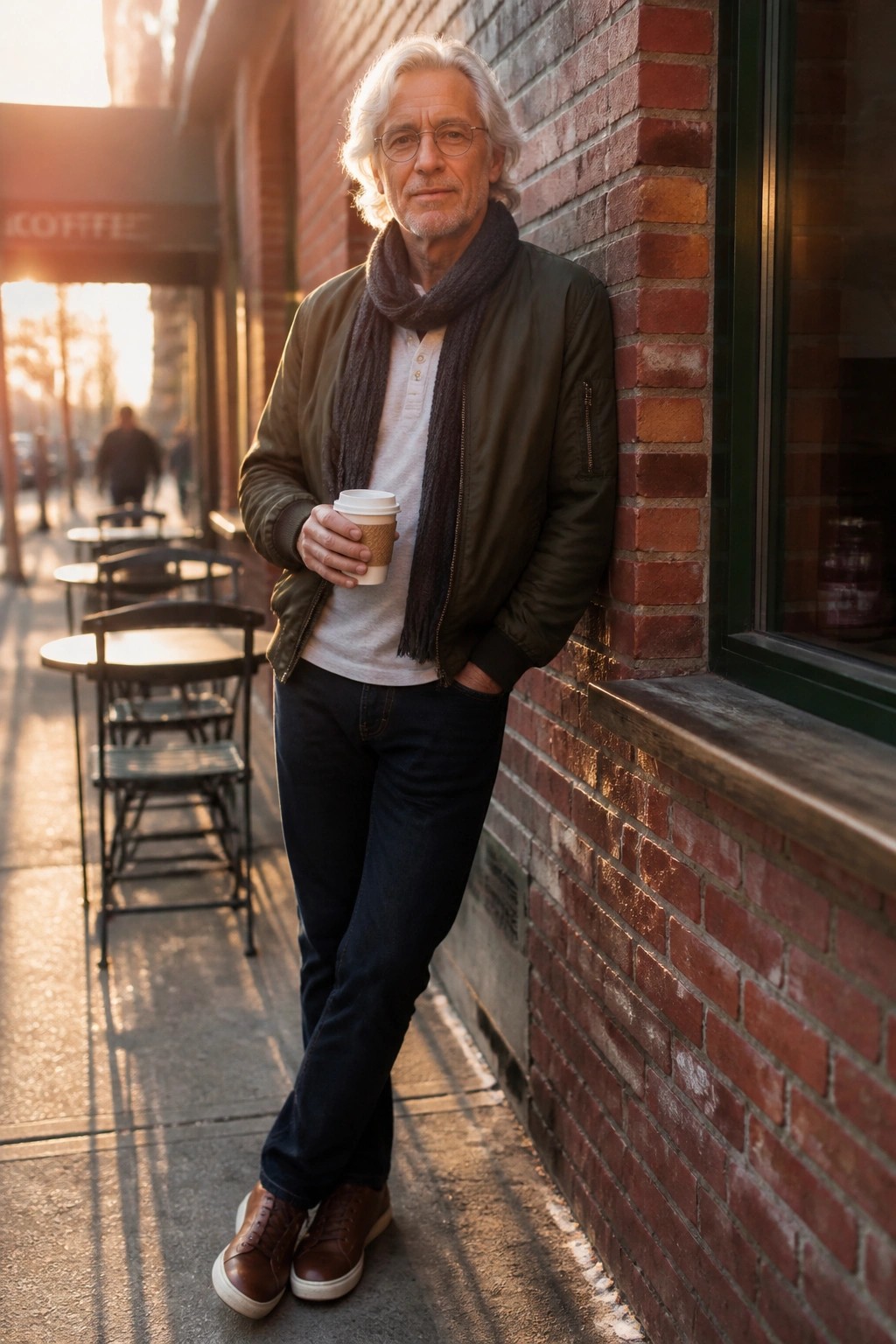 Stylish older man with white hair holding coffee, leaning against brick wall in sunlight.