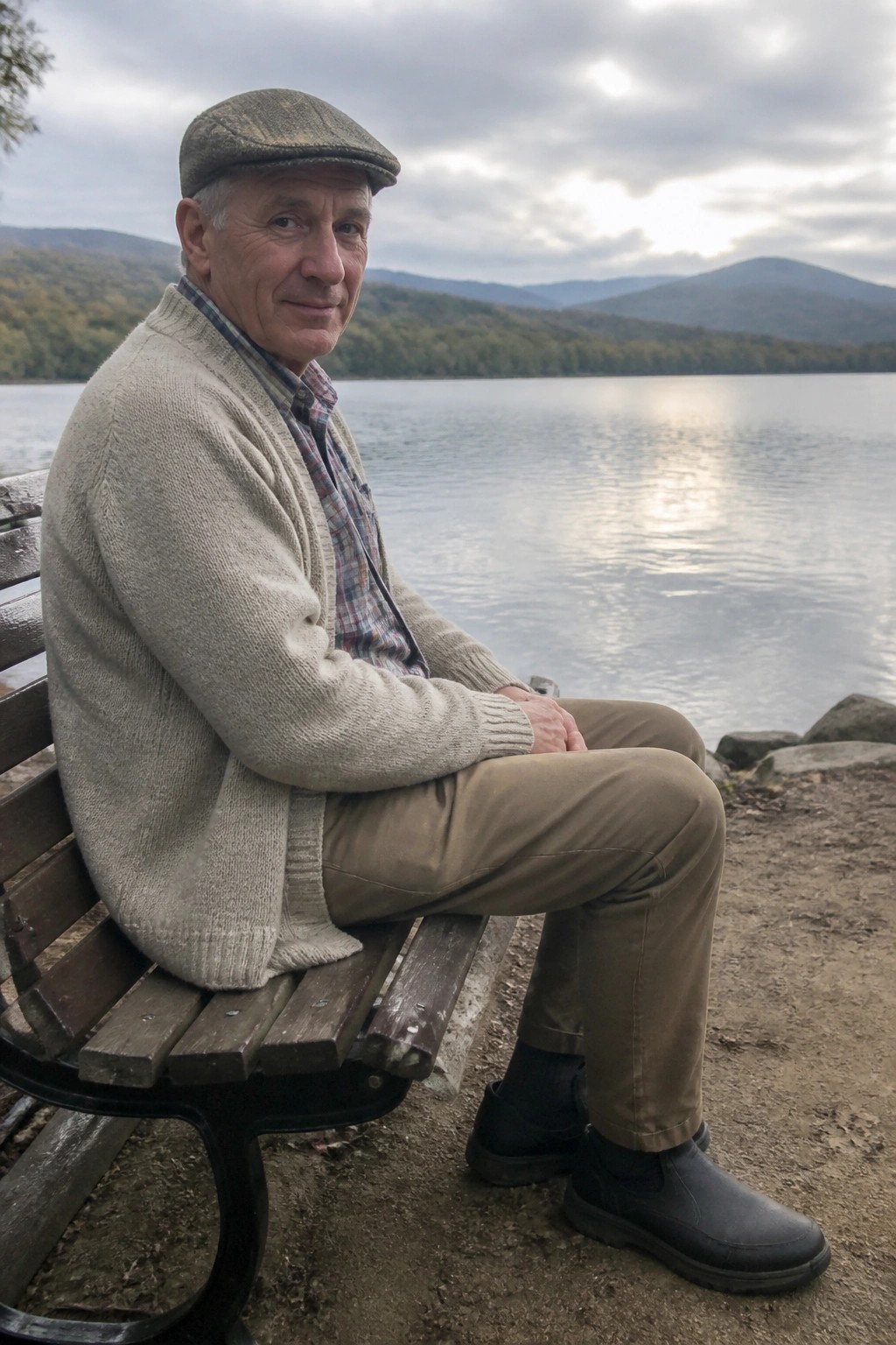 Man in flat cap and beige cardigan seated on bench by mountain lake