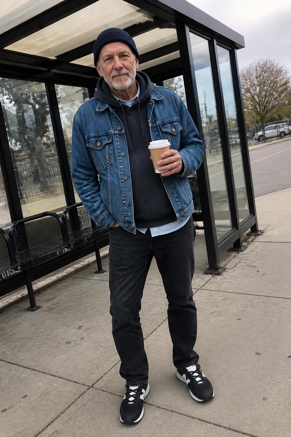 Man in blue denim jacket and beanie holds coffee outside glass bus shelter