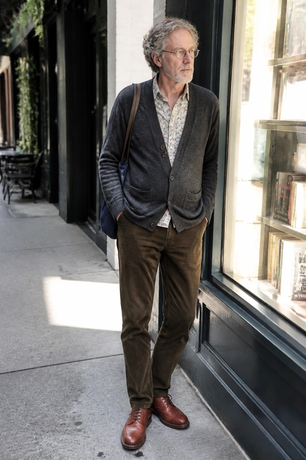Man with curly gray hair in cardigan, floral shirt, and brown corduroys by shop window