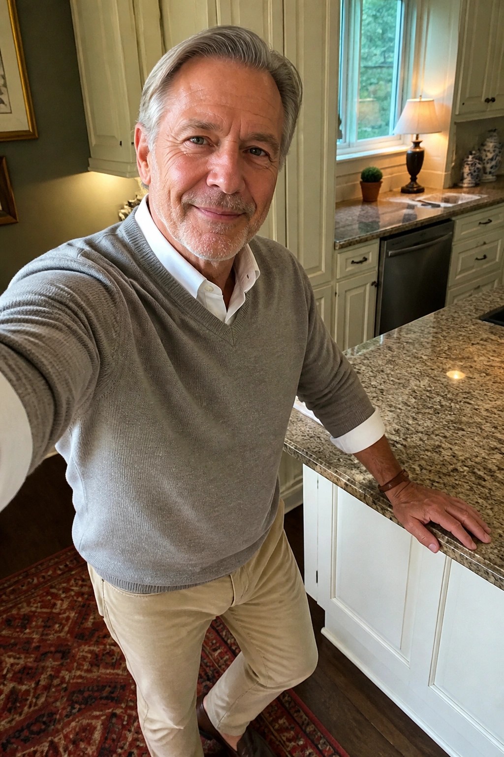 Smiling gray-haired man in sweater taking kitchen selfie with hand on marble counter