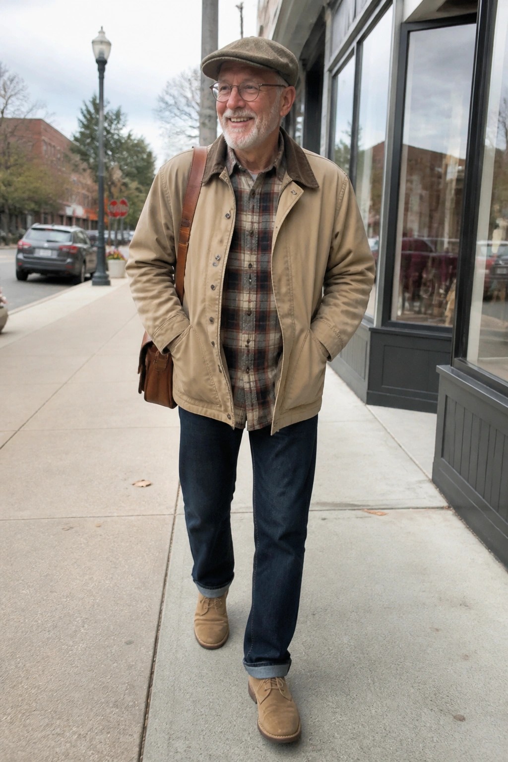 Smiling elderly man in tan jacket, plaid shirt, flat cap on sidewalk