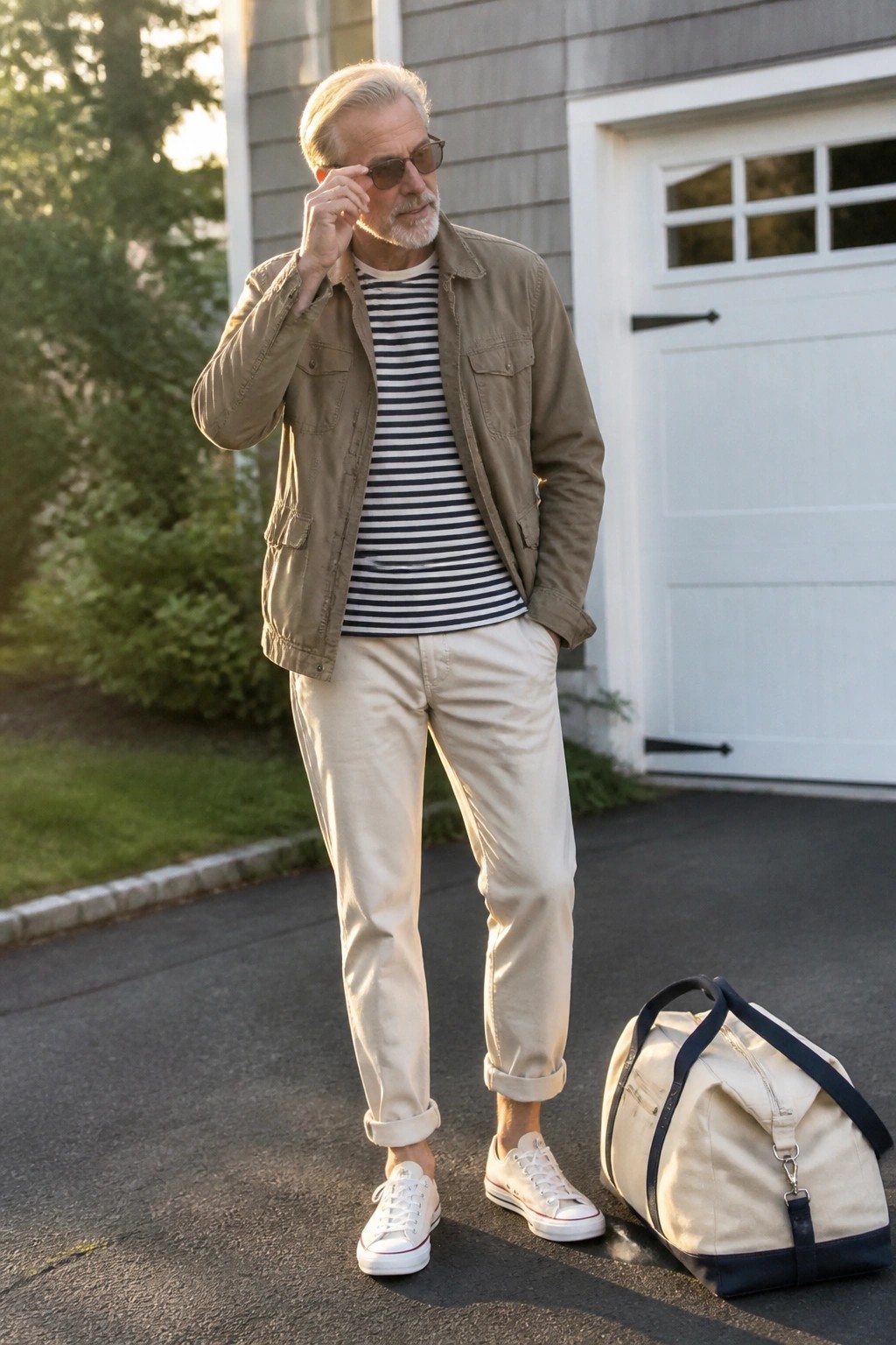 Older man in striped shirt and khaki jacket adjusts sunglasses beside duffel bag.