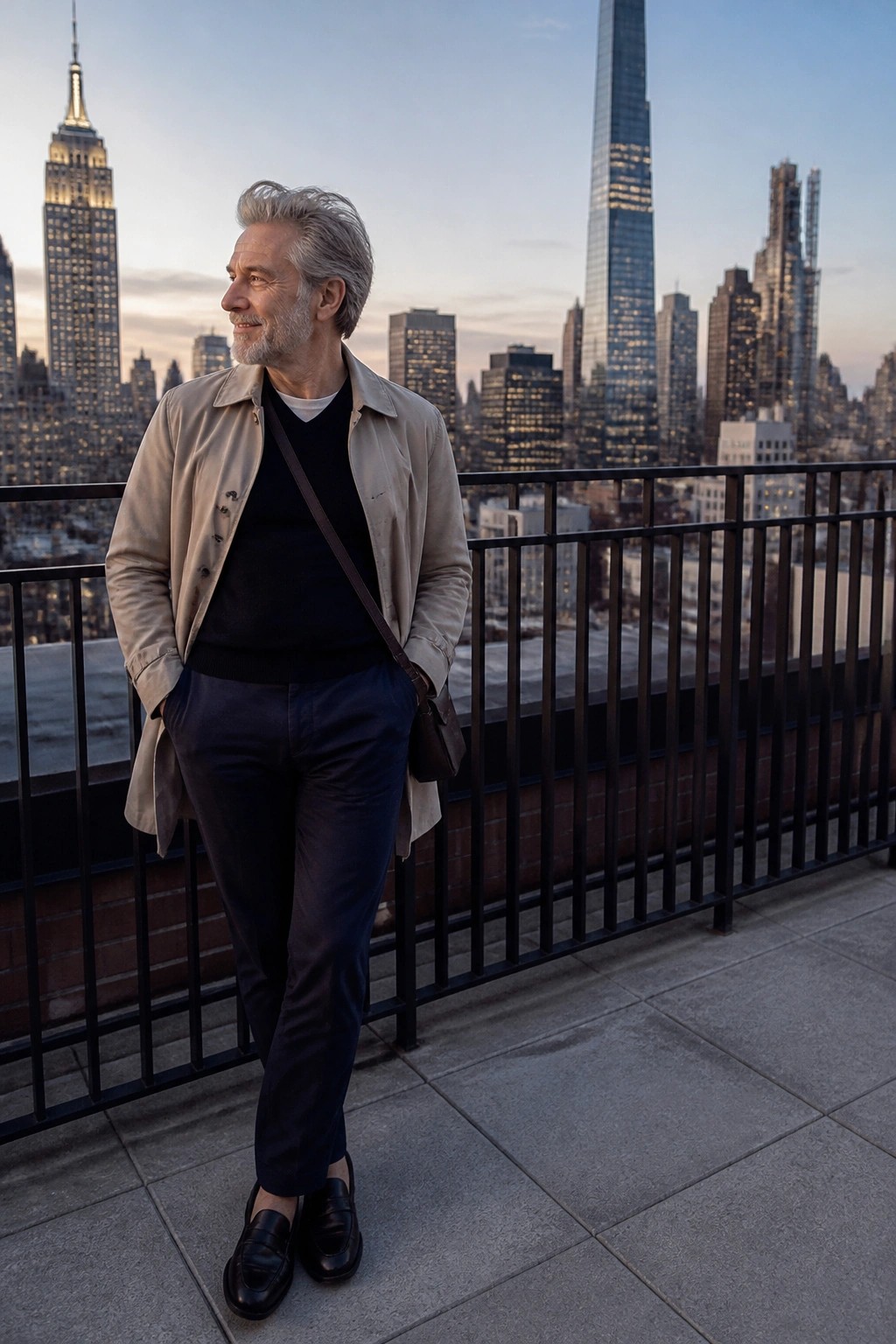 Man with graying hair in beige jacket overlooks NYC skyline from rooftop at dusk