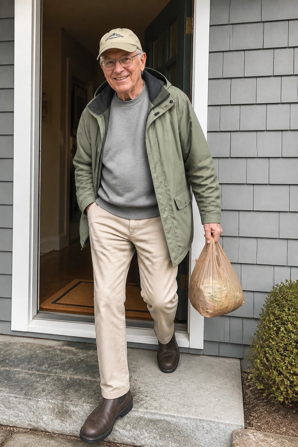 Elderly man in green jacket and cap holds plastic bag at house doorway.