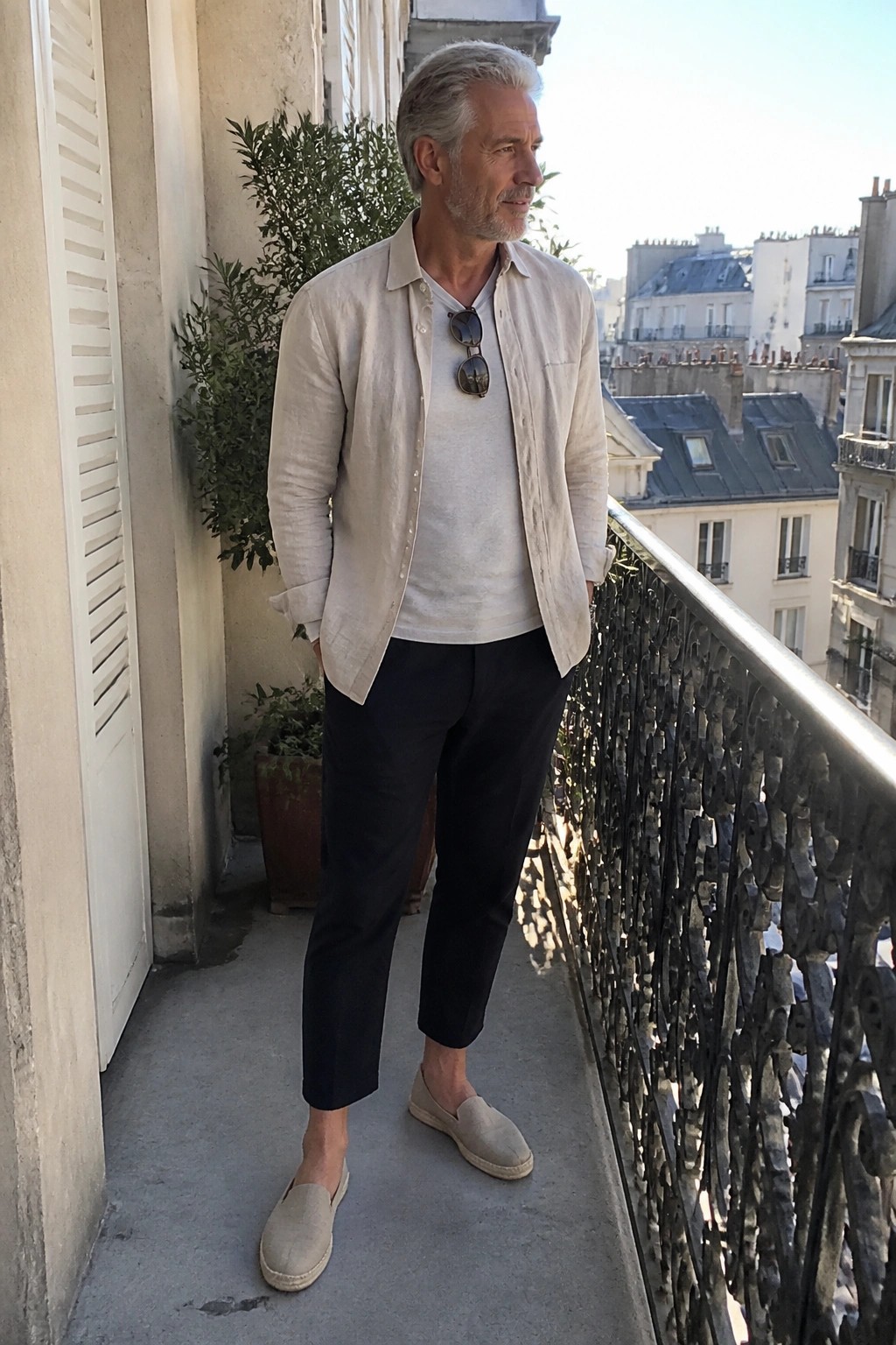 Silver-haired man in beige linen shirt and black pants on sunny Paris balcony