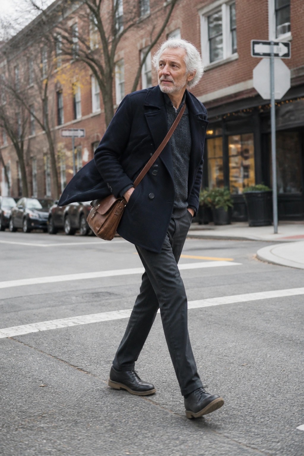 White-haired man in navy coat crossing city street with brown leather bag