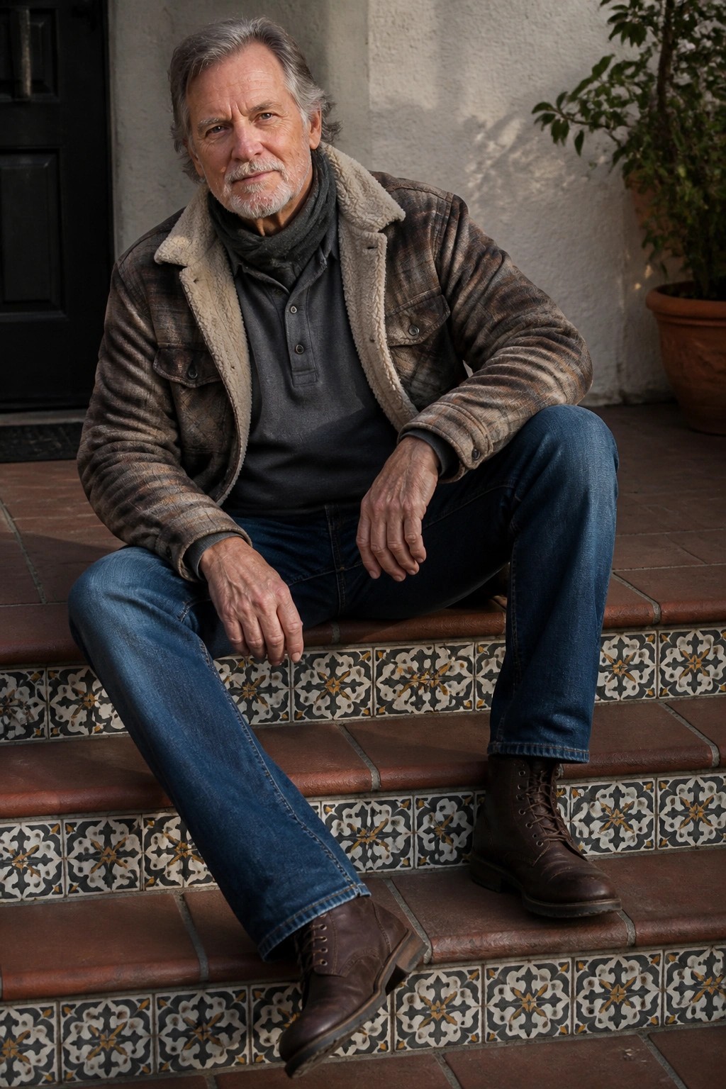 Gray-haired man in plaid shearling jacket seated on patterned tile steps.