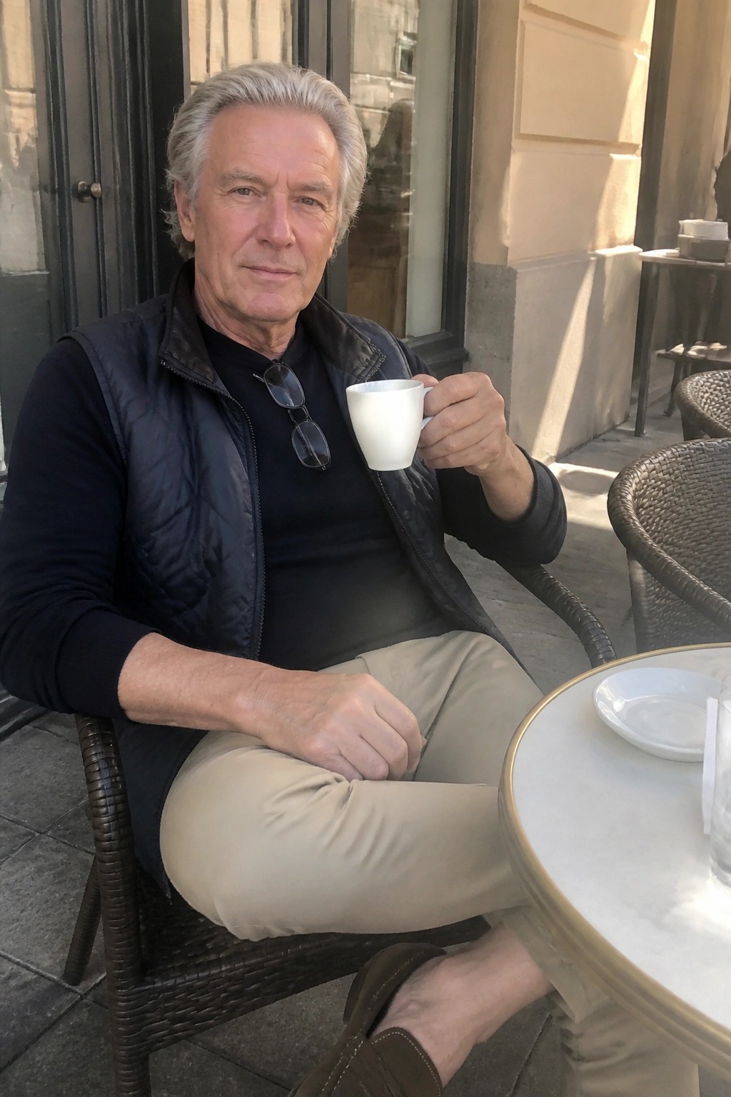Gray-haired man in black vest holds white cup at sunny outdoor cafe table.