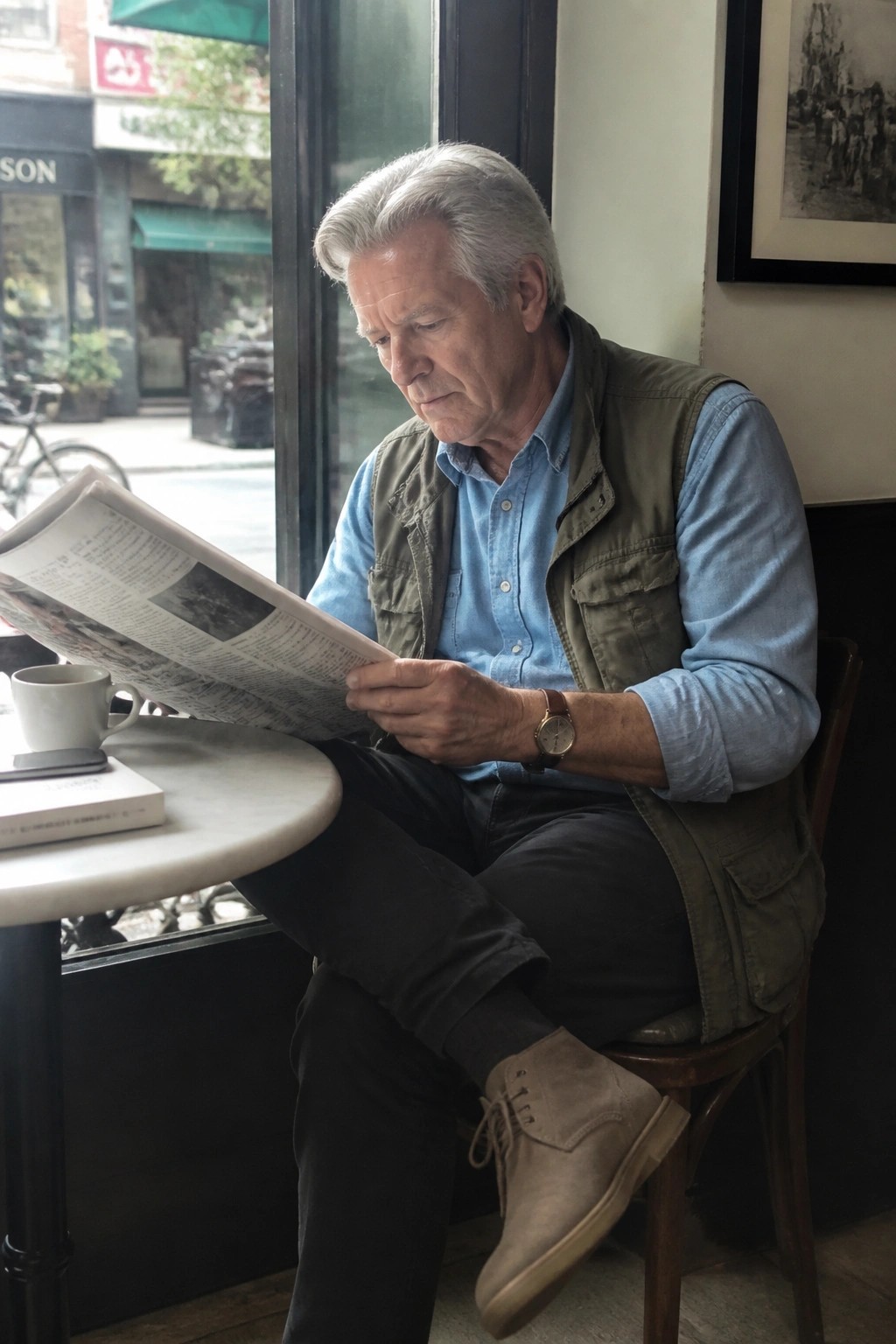 Gray-haired man in blue shirt and green vest reading newspaper at cafe table.