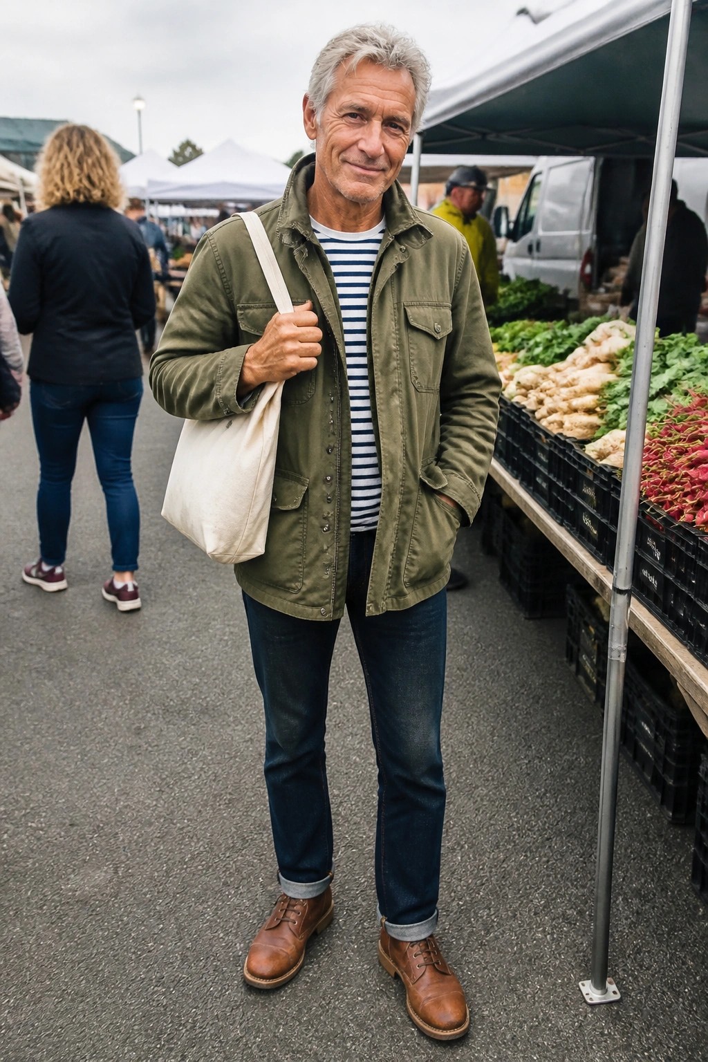 Gray-haired man in green jacket and striped shirt at vegetable market stall