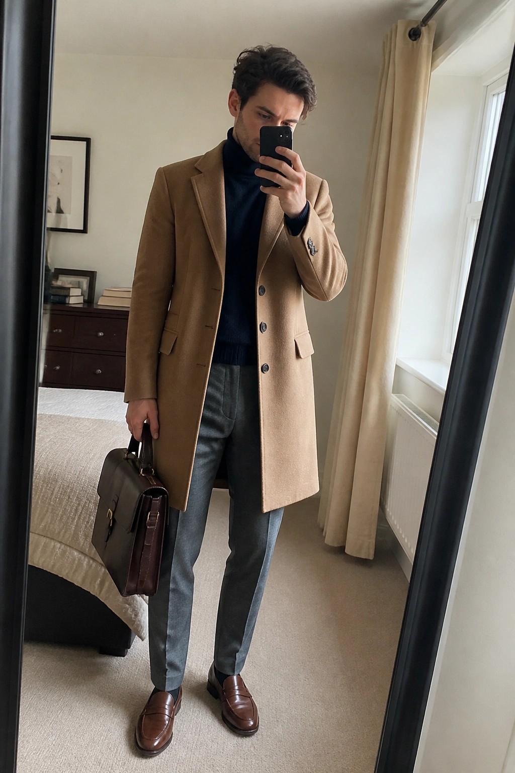 Man in tan overcoat over navy turtleneck holding briefcase during mirror selfie in bedroom.