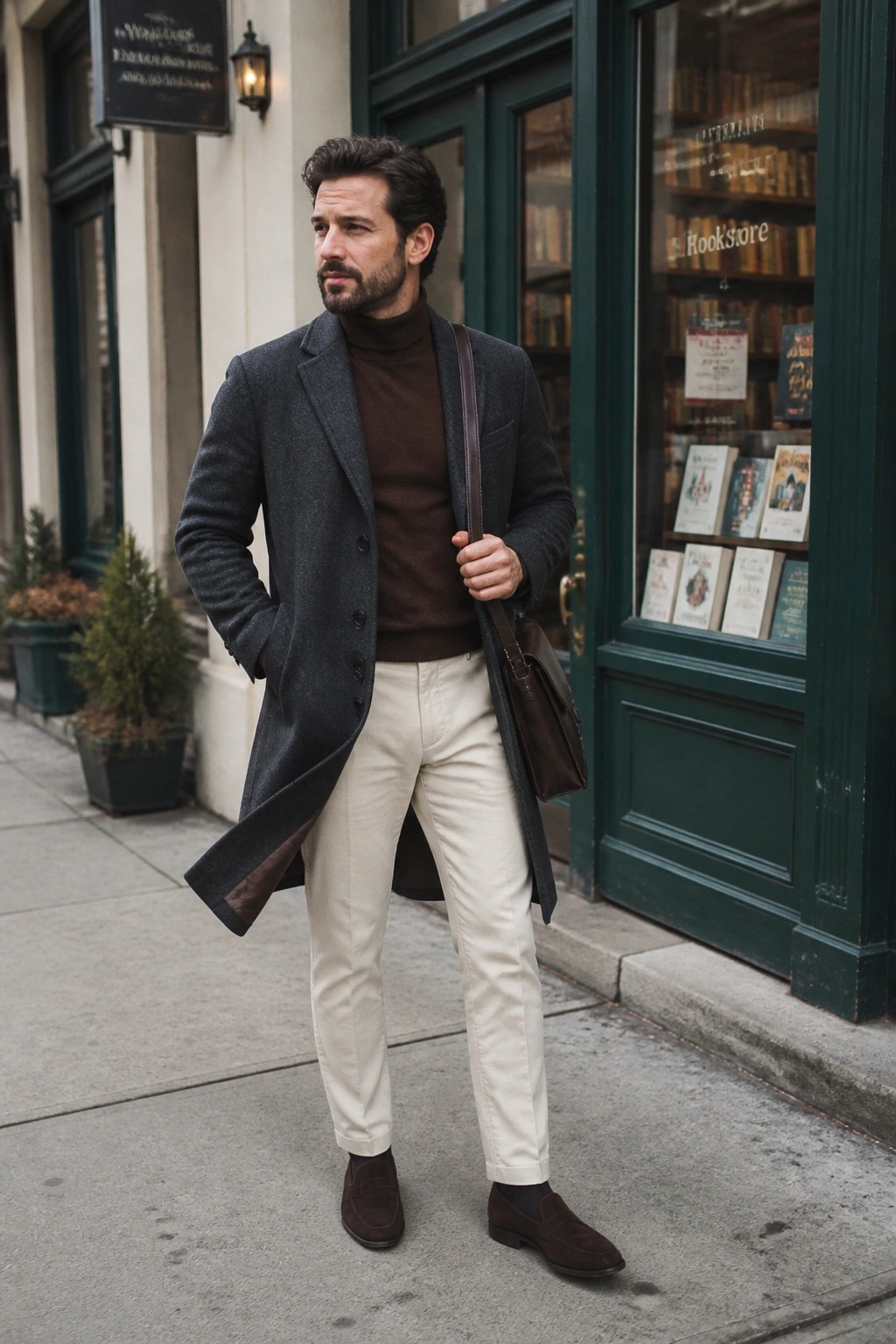 Man in gray overcoat, brown turtleneck, and beige pants outside bookstore with leather bag