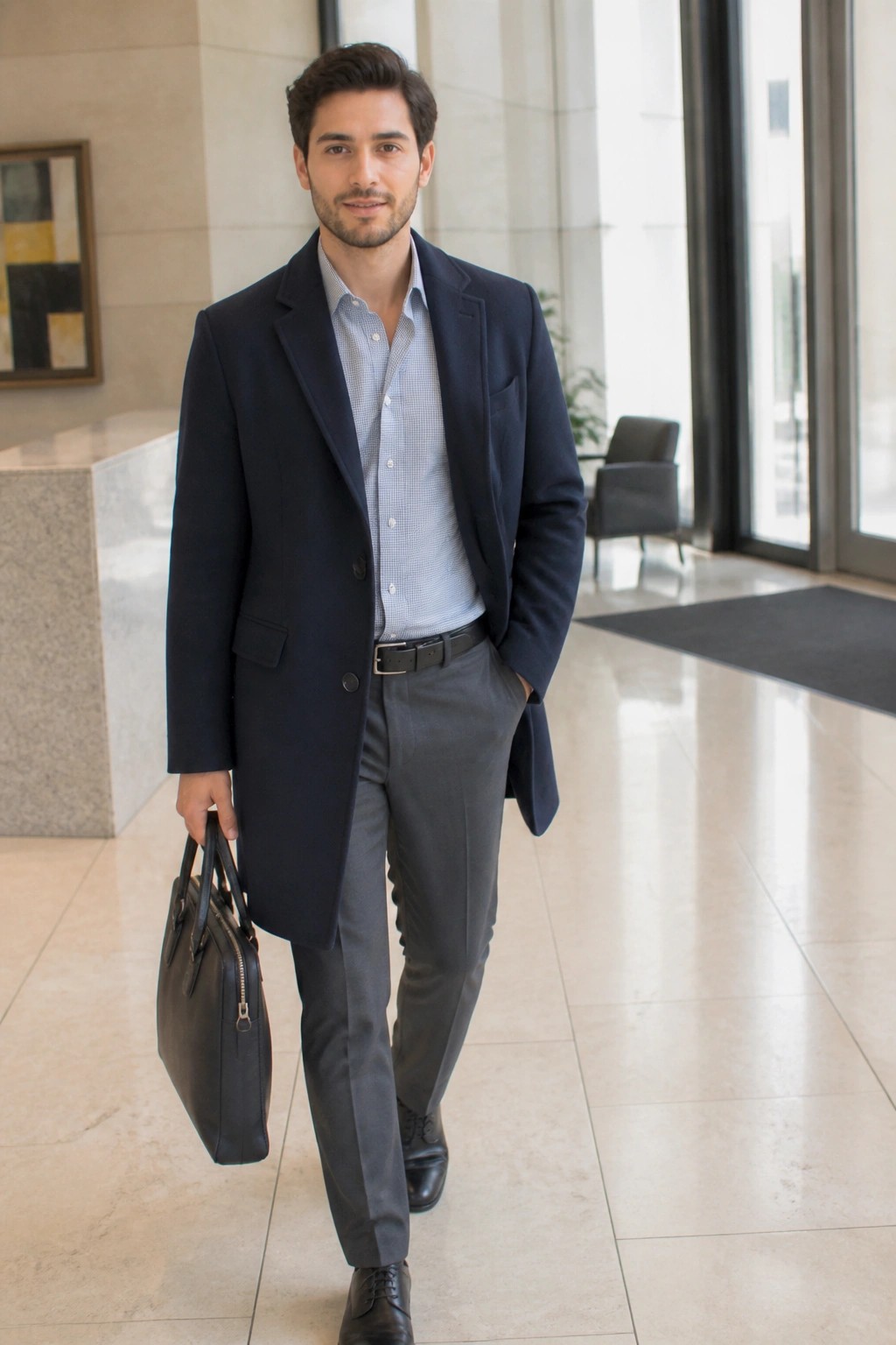 Man in navy overcoat and gray pants holding black briefcase in modern lobby