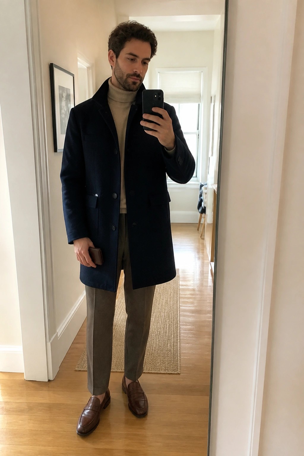 Man in navy overcoat and beige turtleneck taking mirror selfie holding phone and wallet