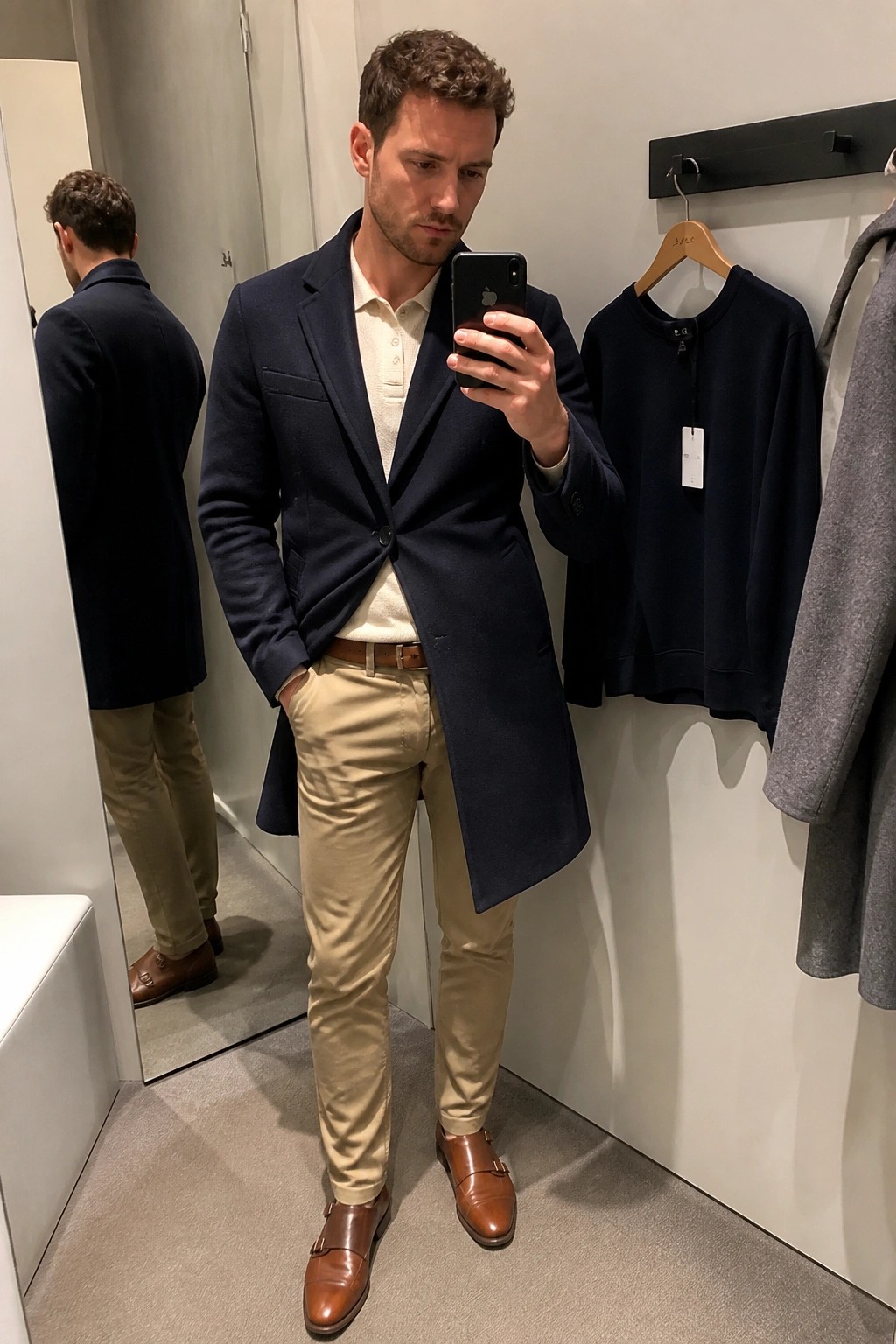 Man in navy overcoat and khakis takes mirror selfie in fitting room