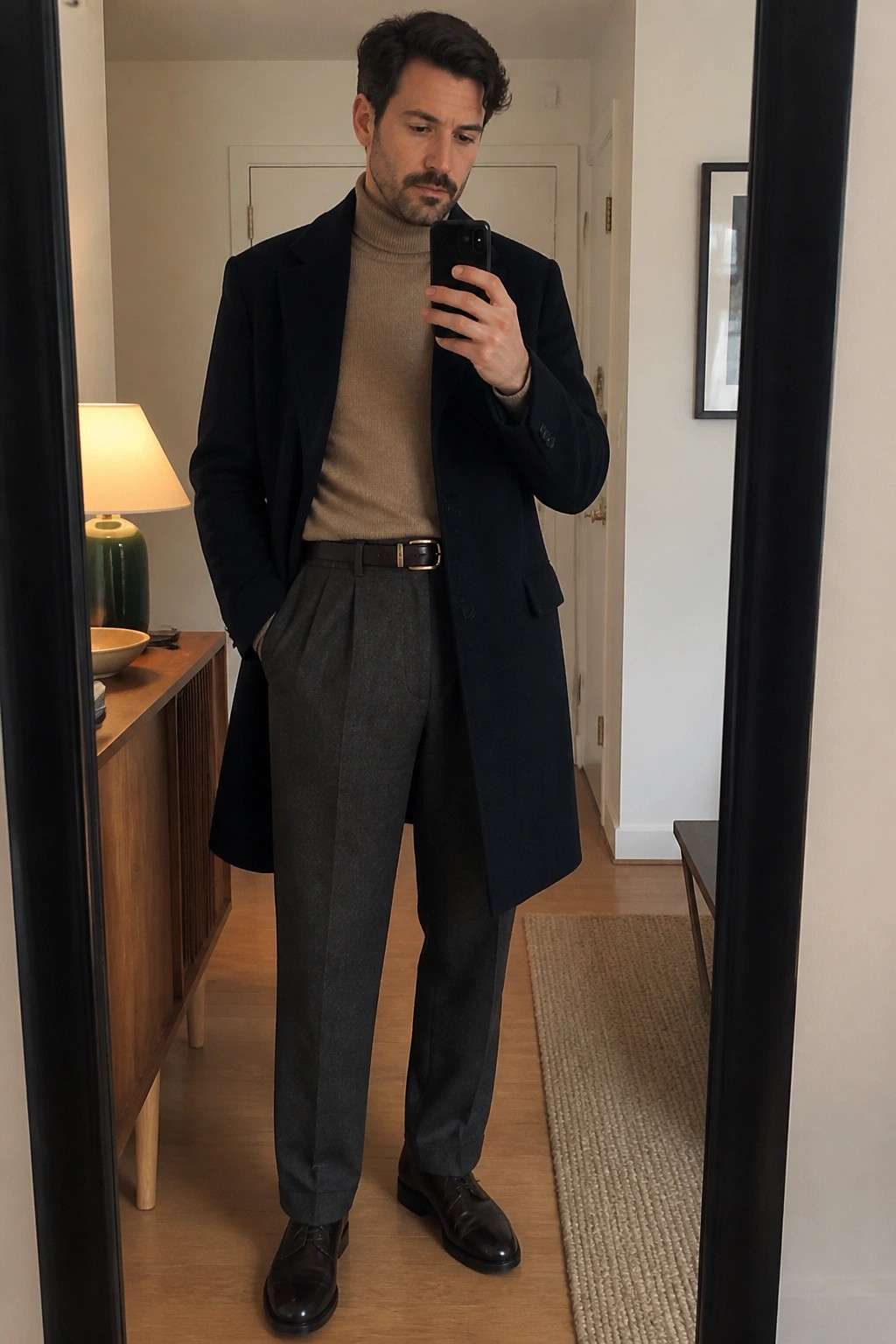 Man in navy overcoat over beige turtleneck taking mirror selfie in hallway