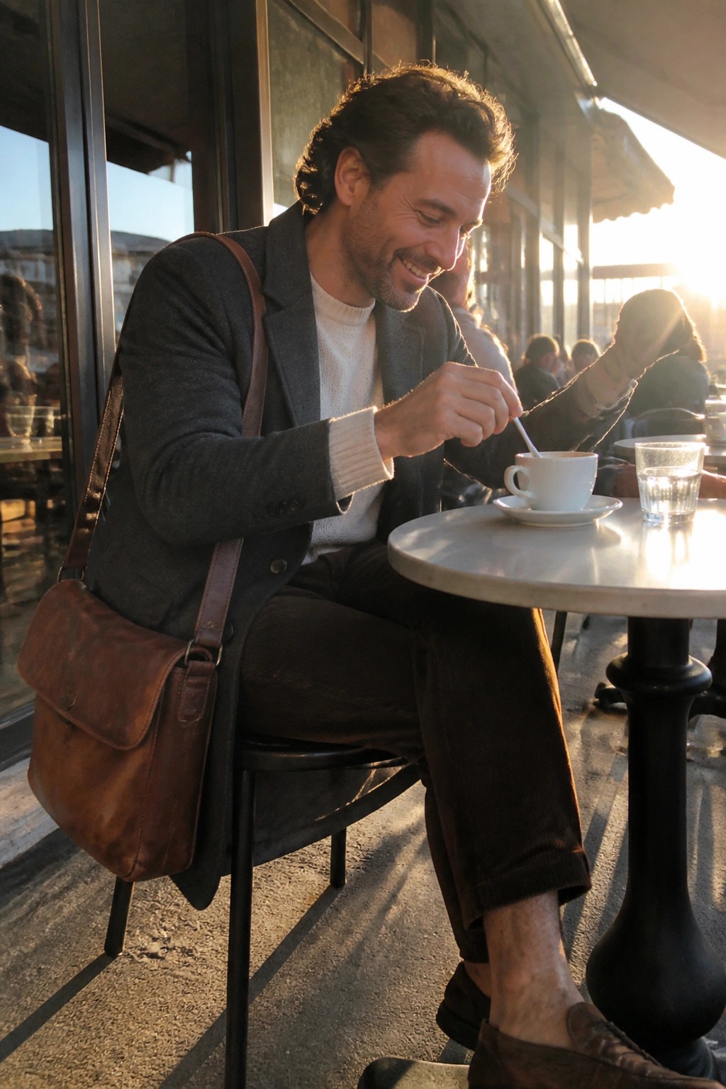 Man in gray blazer stirs coffee at sunny outdoor café with leather bag