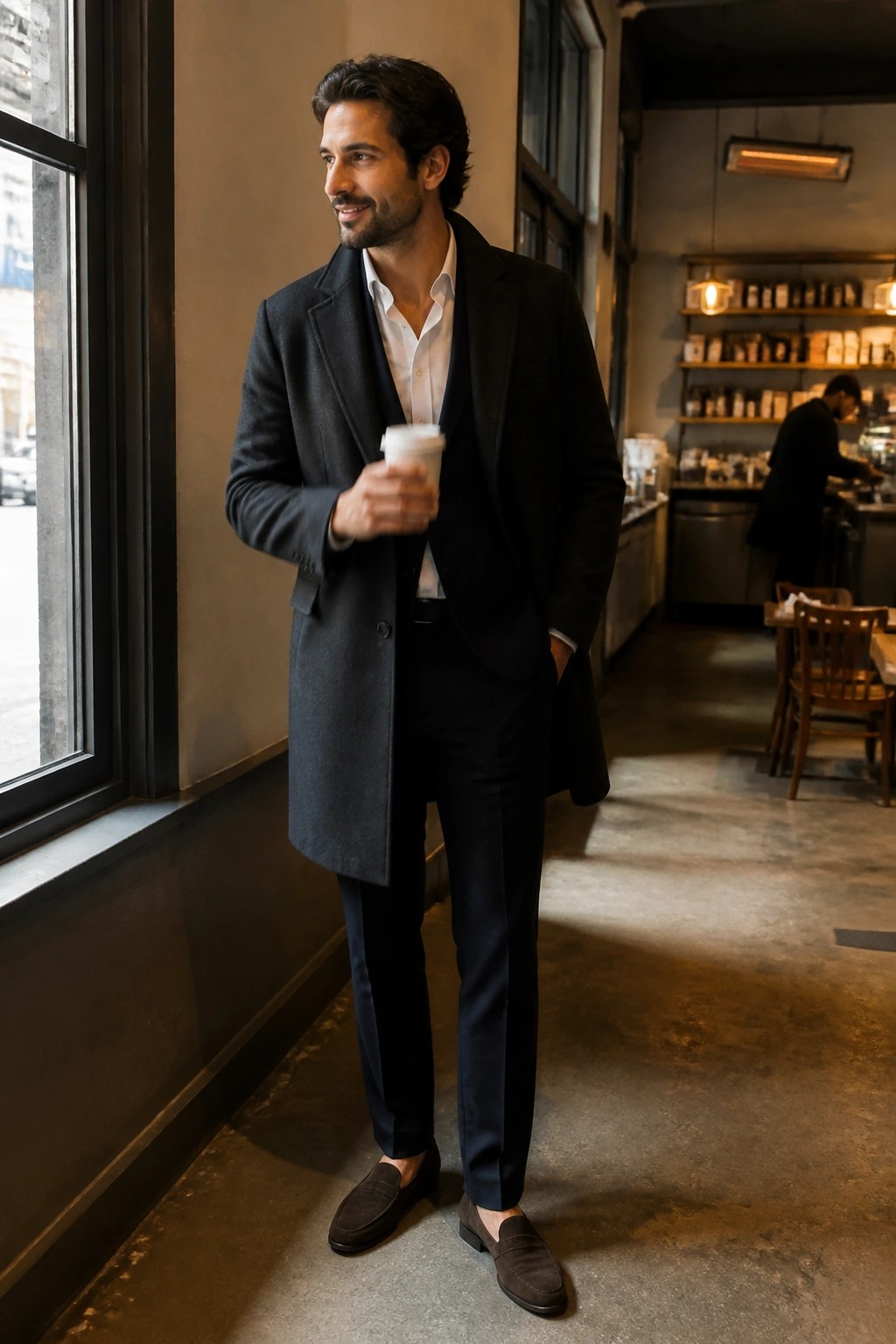 Man in dark overcoat and suit holding coffee cup in cafe by window