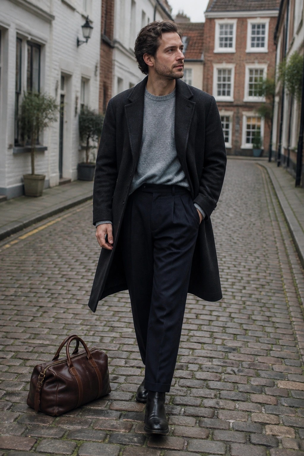 Man in dark overcoat and gray sweater beside brown leather bag on cobblestones
