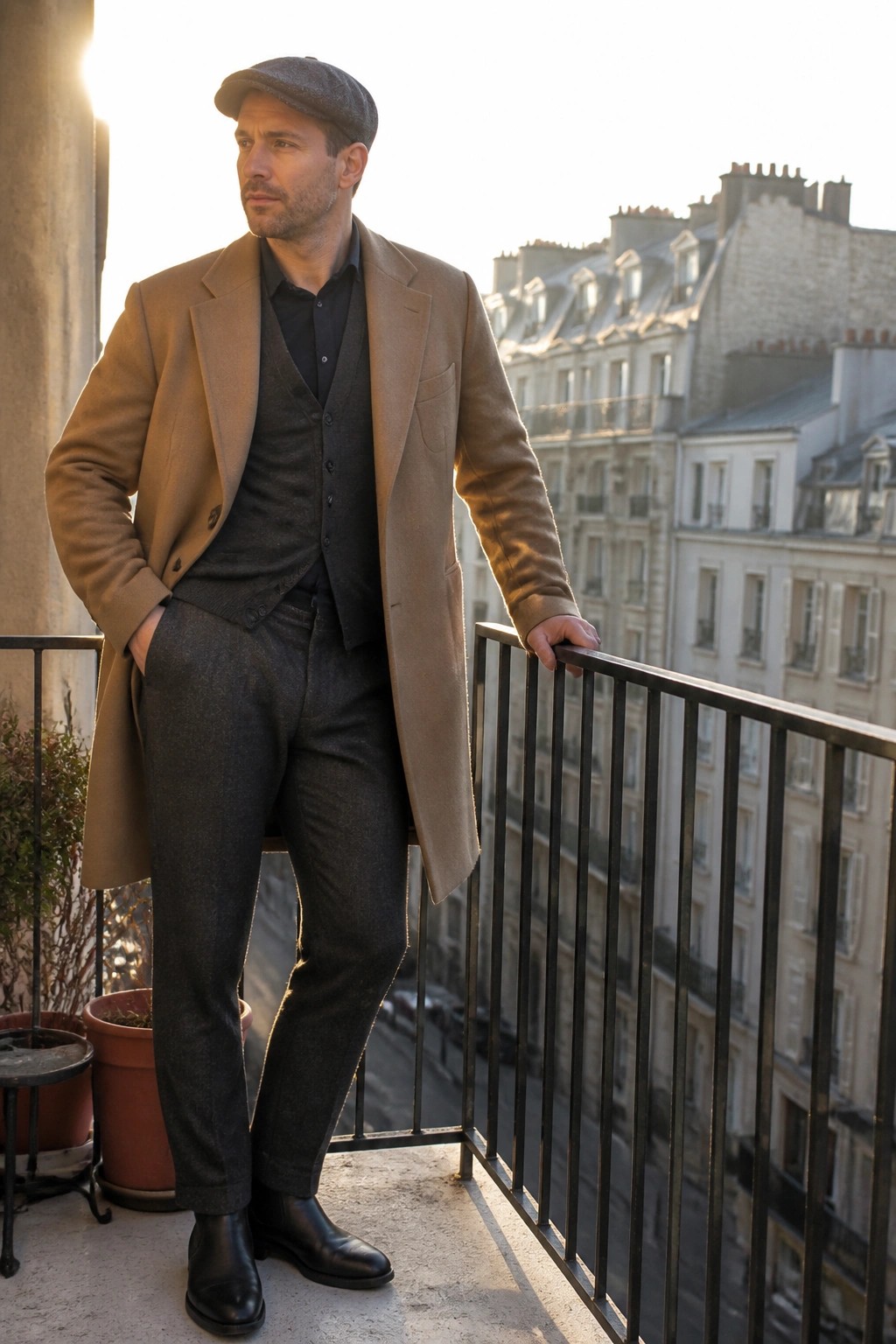 Man in tan overcoat and flat cap on balcony overlooking cityscape