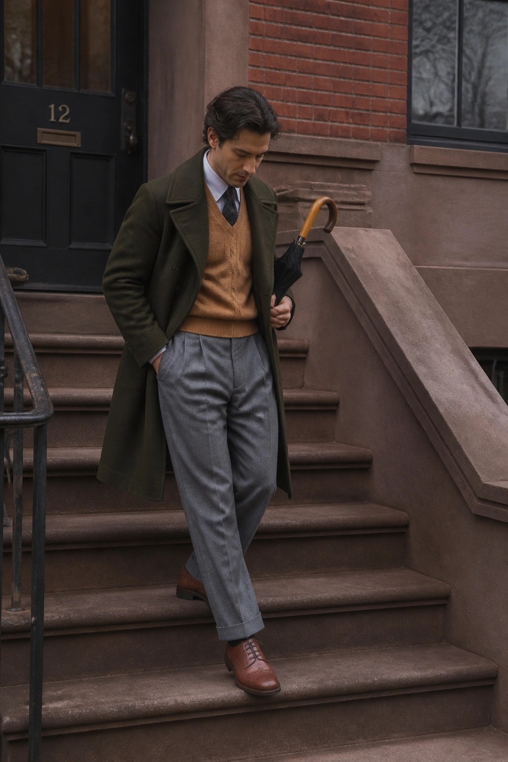 Man in olive overcoat over tan sweater descends stone steps holding umbrella