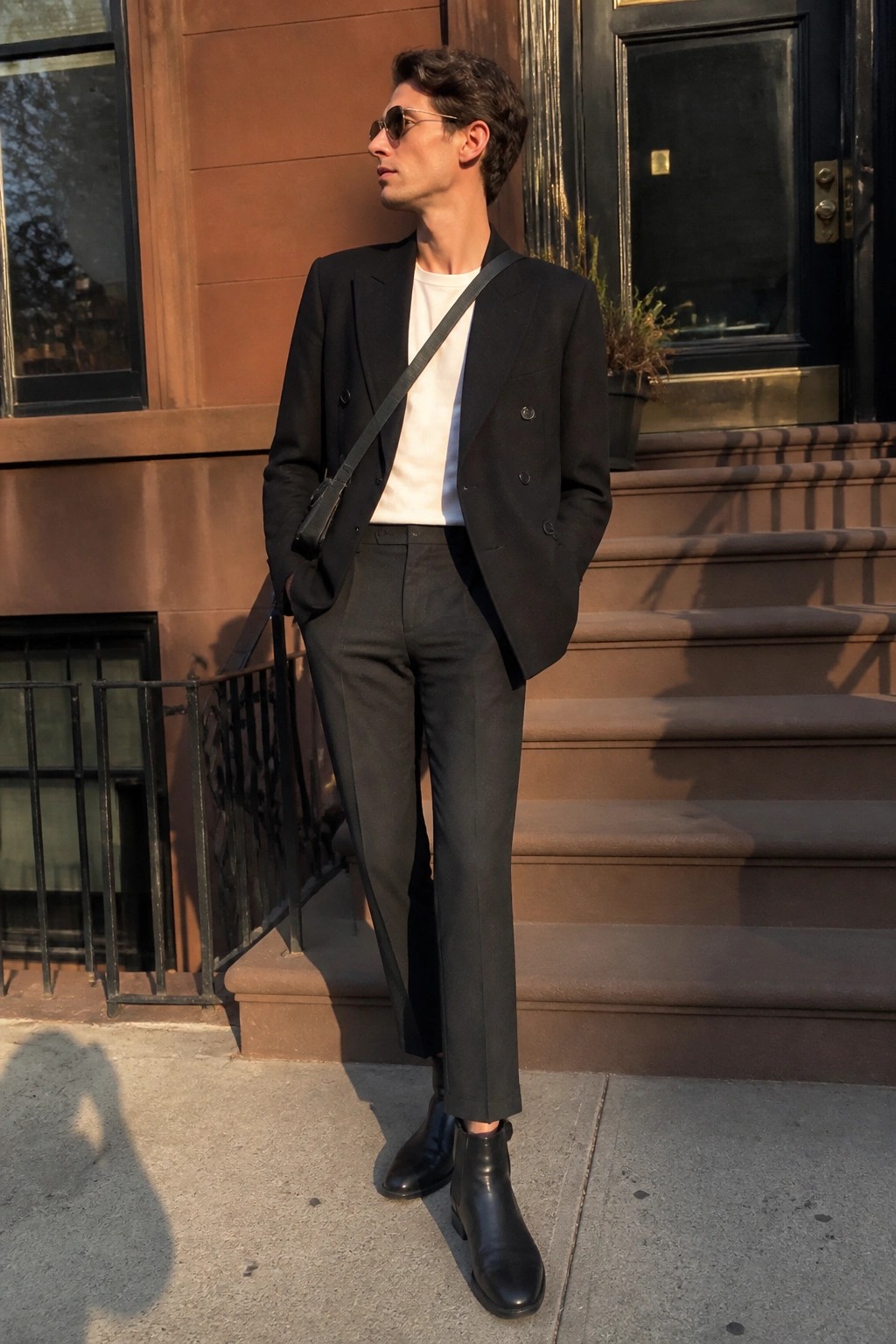 Man in black double-breasted blazer, white tee, and Chelsea boots on sidewalk